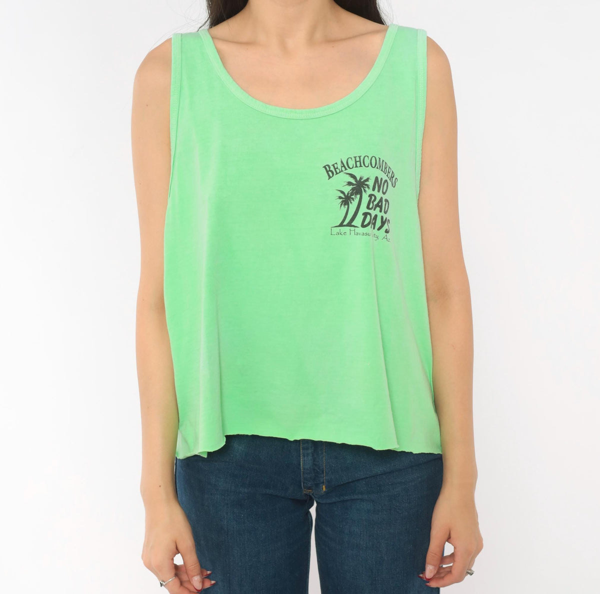 90s Authentic Pigment Neon Green Tank Top Jet Ski Graphic Lake Havasu Large