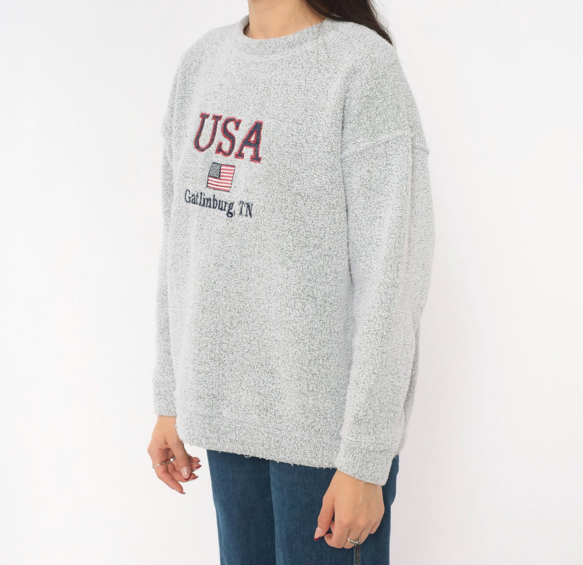90s Gatlinburg Tennessee USA Flag Embroidered Grey Knit Pullover Medium M