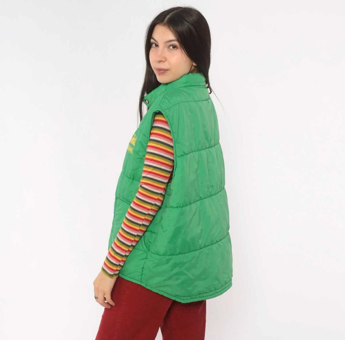 80s Green Puffer Vest San Luis Transport Graphic Snap Front Quilted Medium