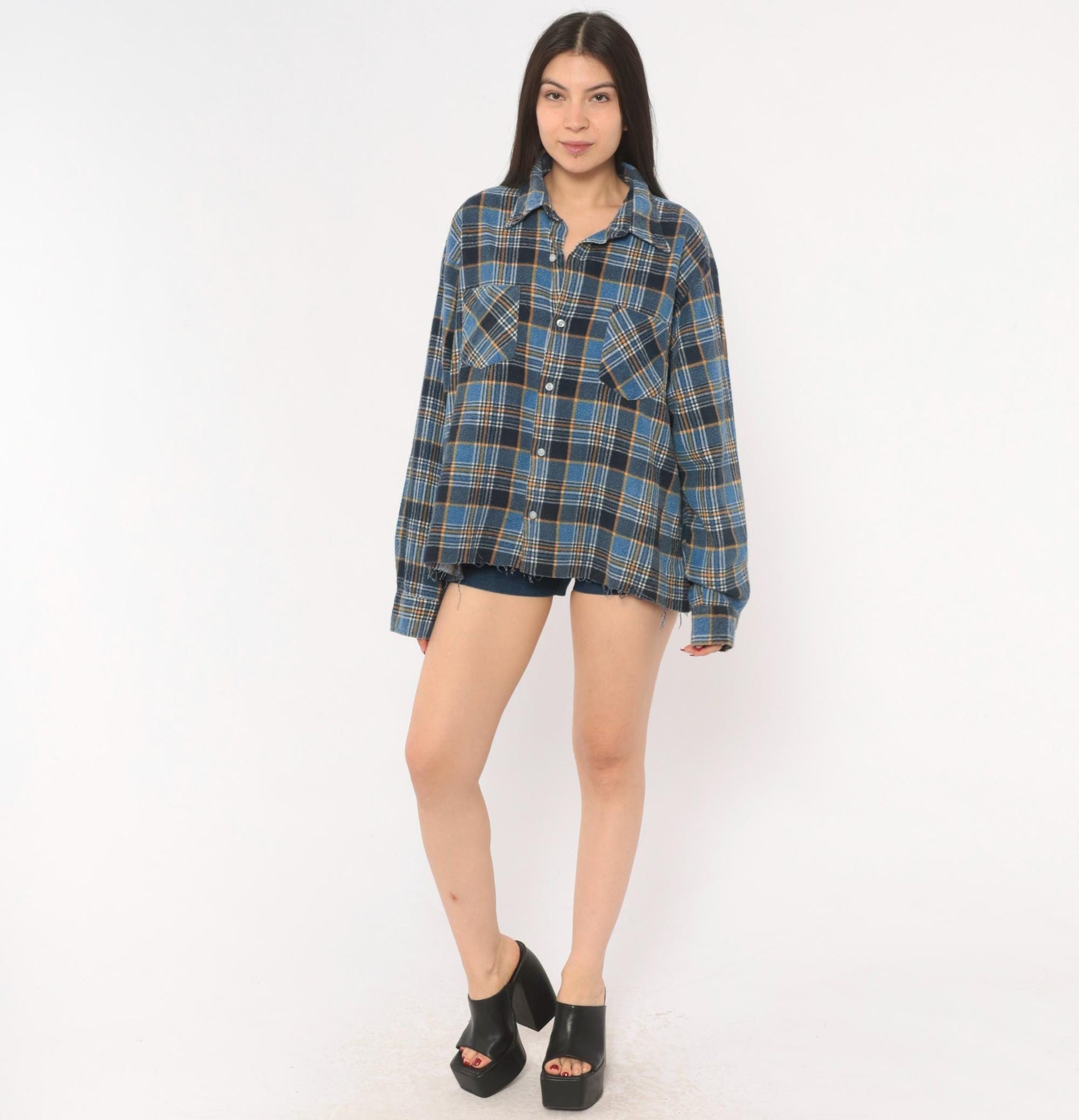 90s Montgomery Ward Flannel Shirt Blue Plaid Cotton Distressed Large L