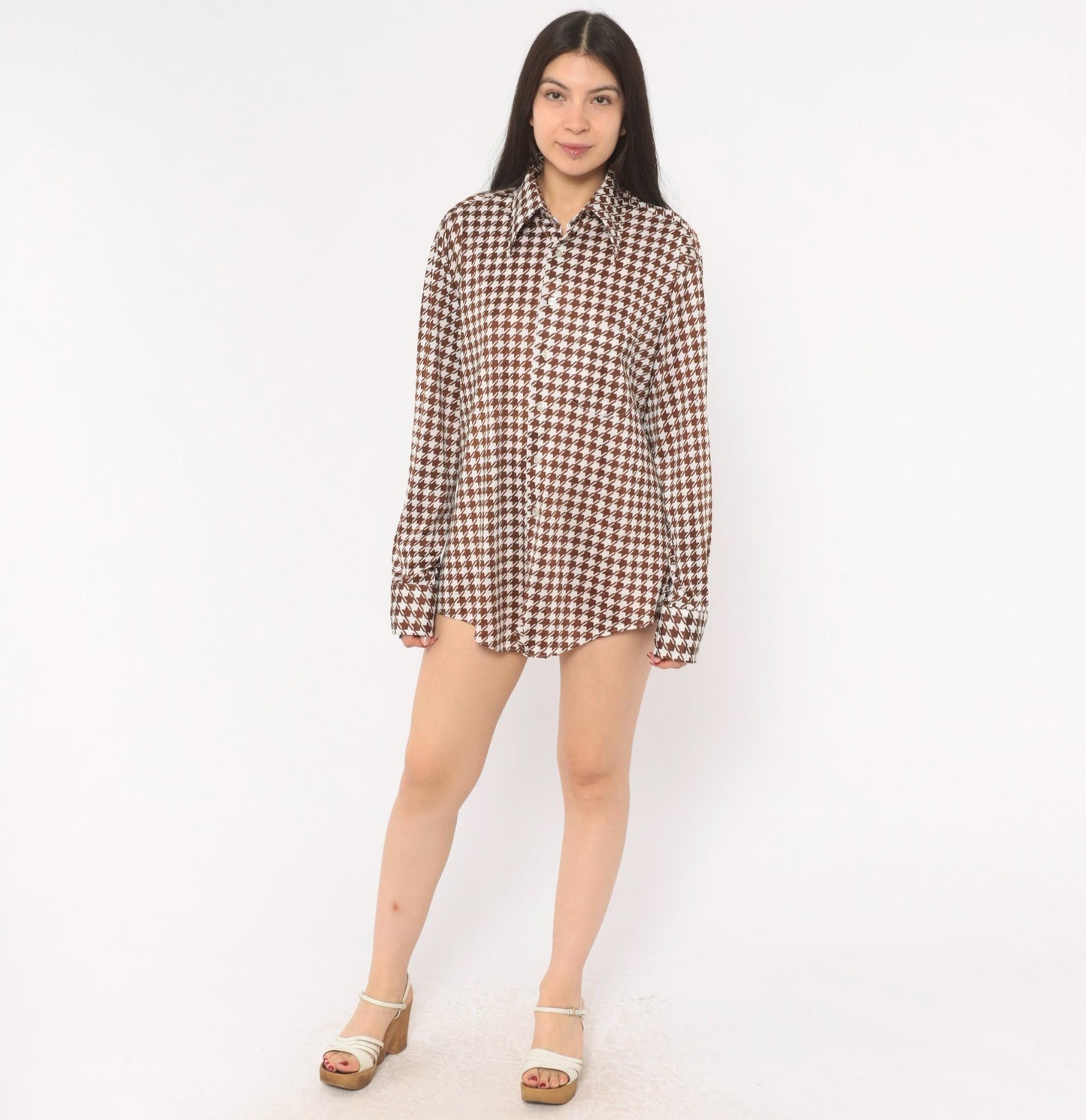 70s Brown White Houndstooth Button Up Shirt Pointed Collar Chest Pocket Large