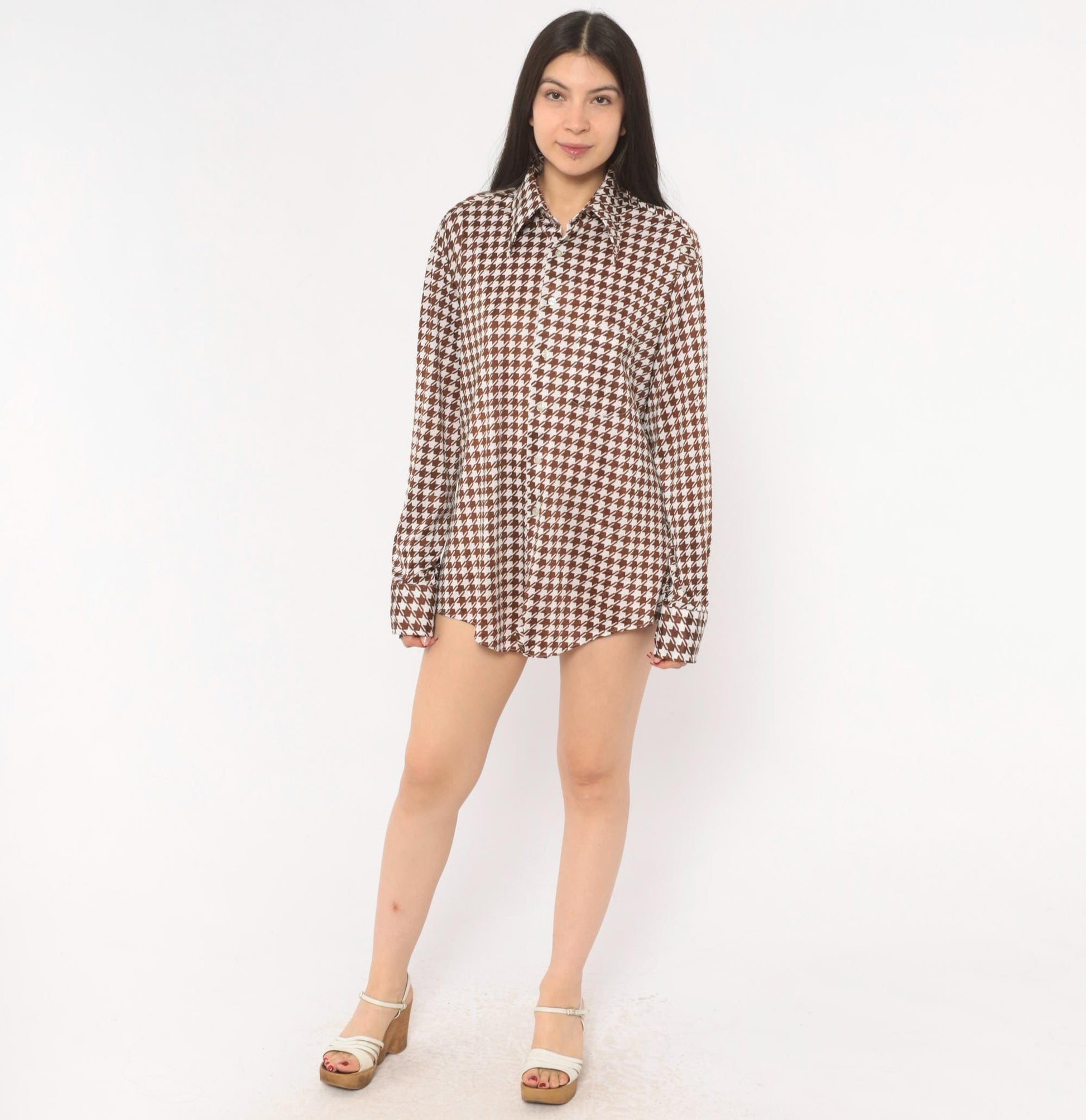70s Brown White Houndstooth Button Up Shirt Pointed Collar Chest Pocket Large