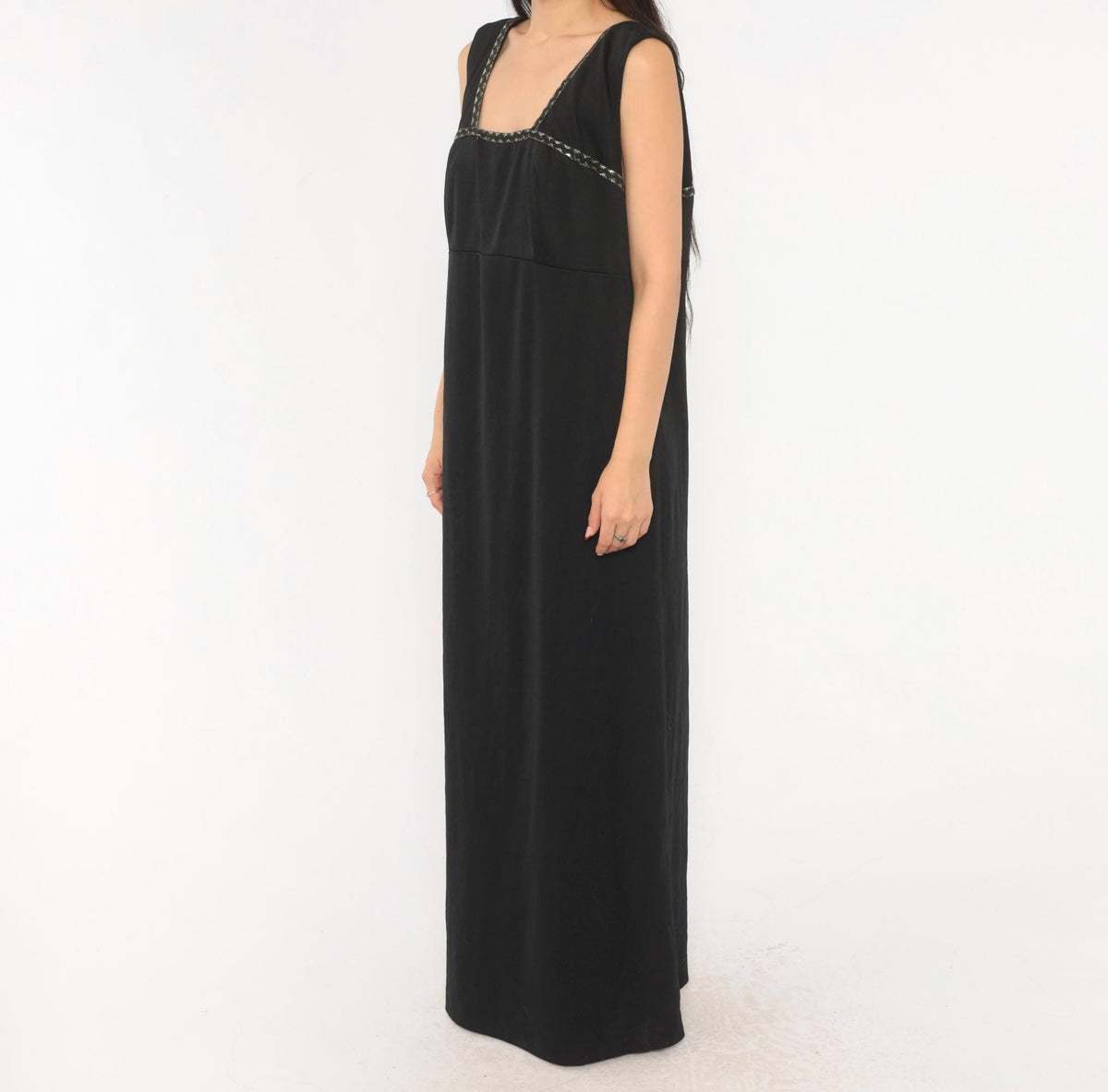 70s Black Maxi Dress Empire Waist Square Neckline Silver Braided Trim Extra Large
