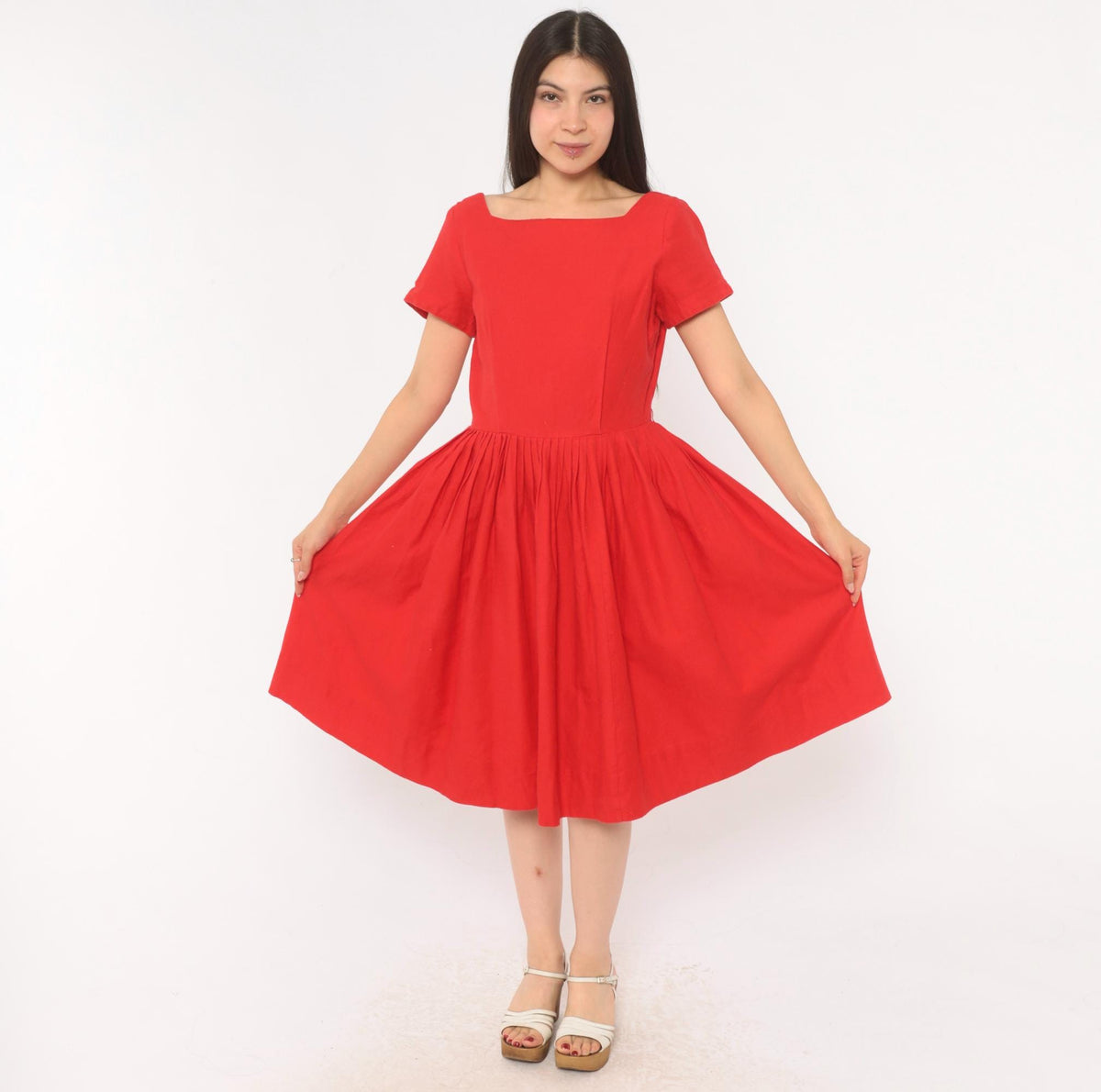 60s Frolic Time California Red Fit And Flare Dress Square Neckline Small S