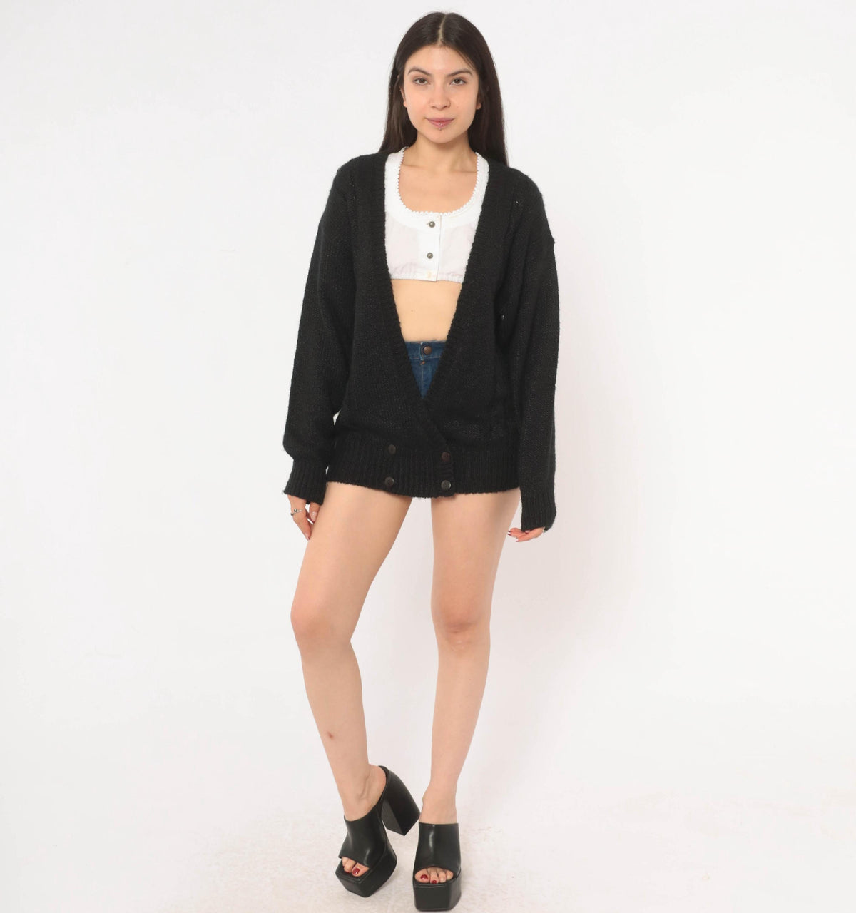 80s Black Double Breasted Cardigan Knit Sweater V Neck Medium M