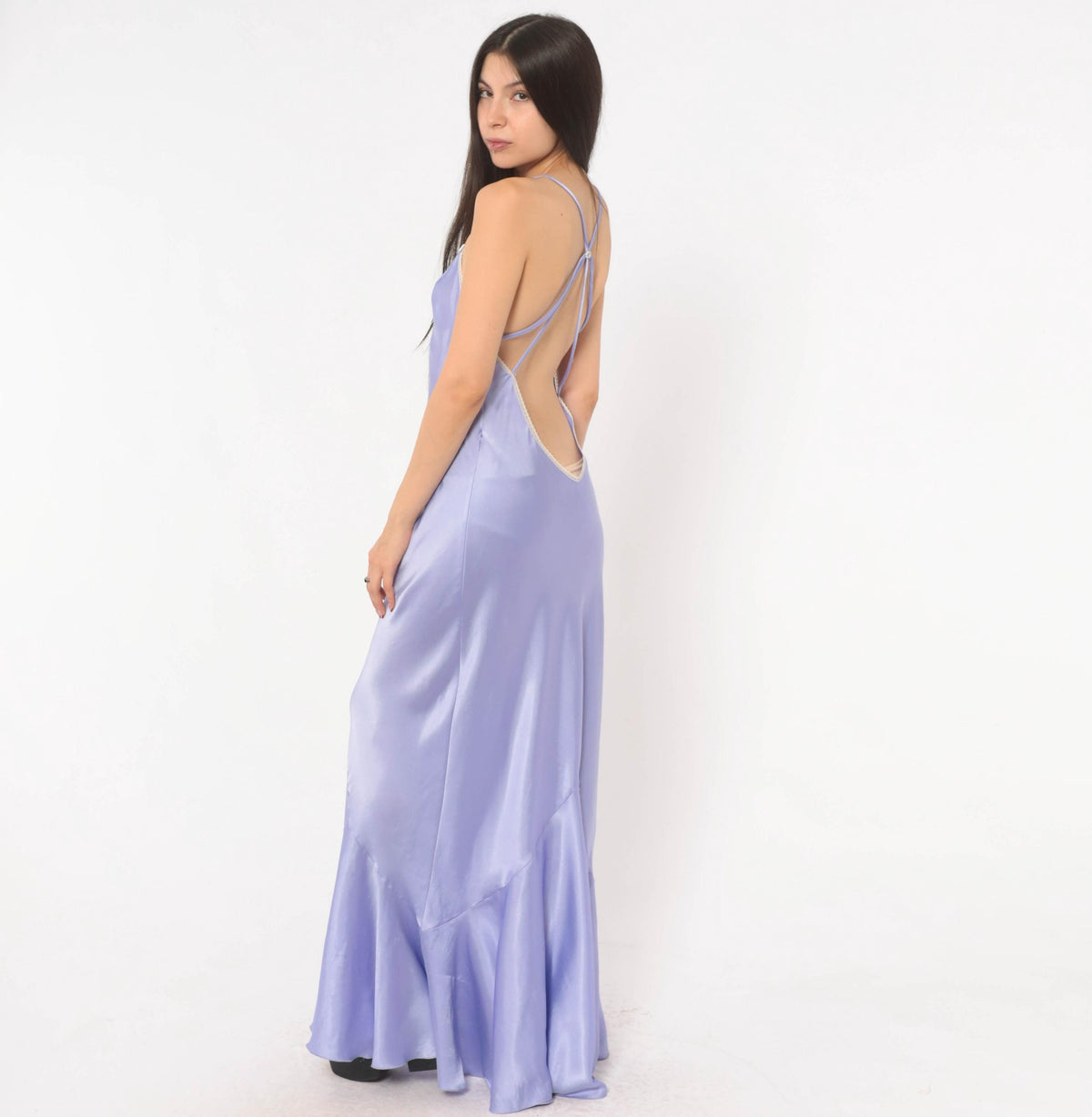 90s Lucie Ann Lavender Slip Gown Open Back Satin Lace Small