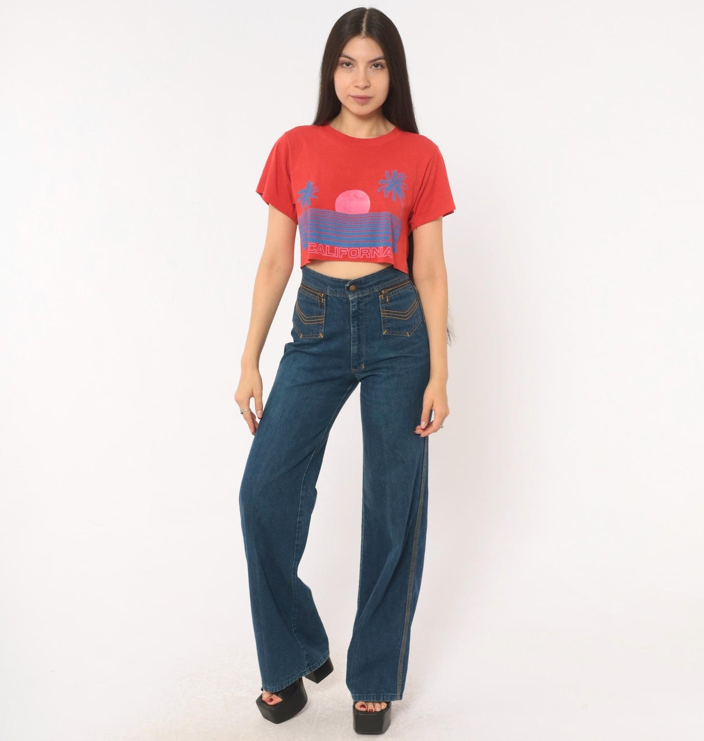 80s California Sunset Crop Top Red Graphic Tee Palm Tree Raglan Medium M