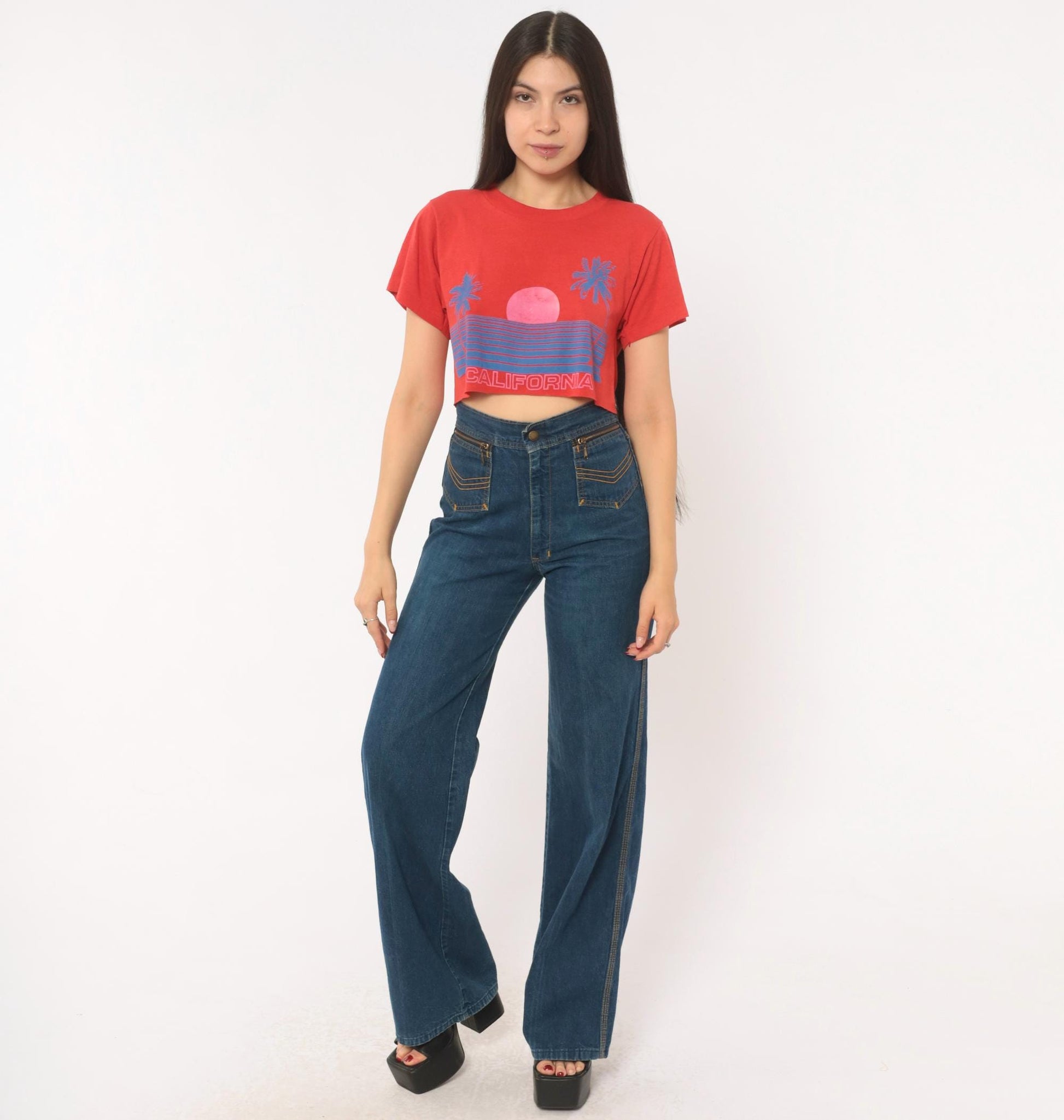 80s California Sunset Crop Top Red Graphic Tee Palm Tree Raglan Medium M