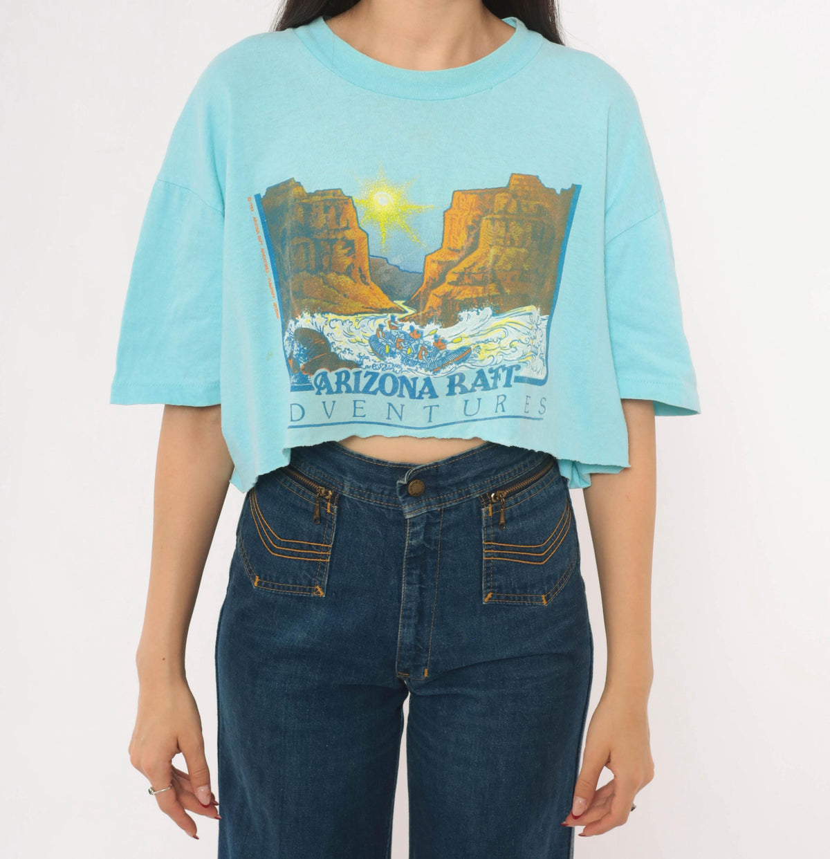 80s Arizona Raft Adventures Crop Top Light Blue Cotton Tee Stedman Medium