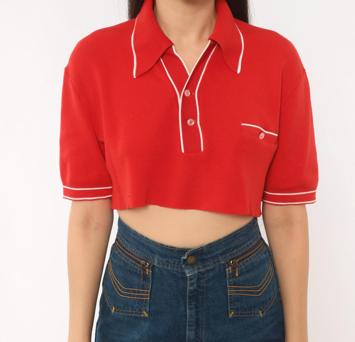 70s Red Cropped Polo White Piping Knit Top Button Front Medium M