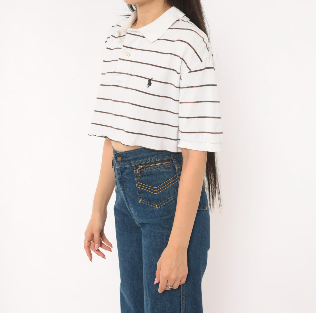 90s Polo Ralph Lauren Striped Cropped Polo Shirt White Brown Cotton Medium