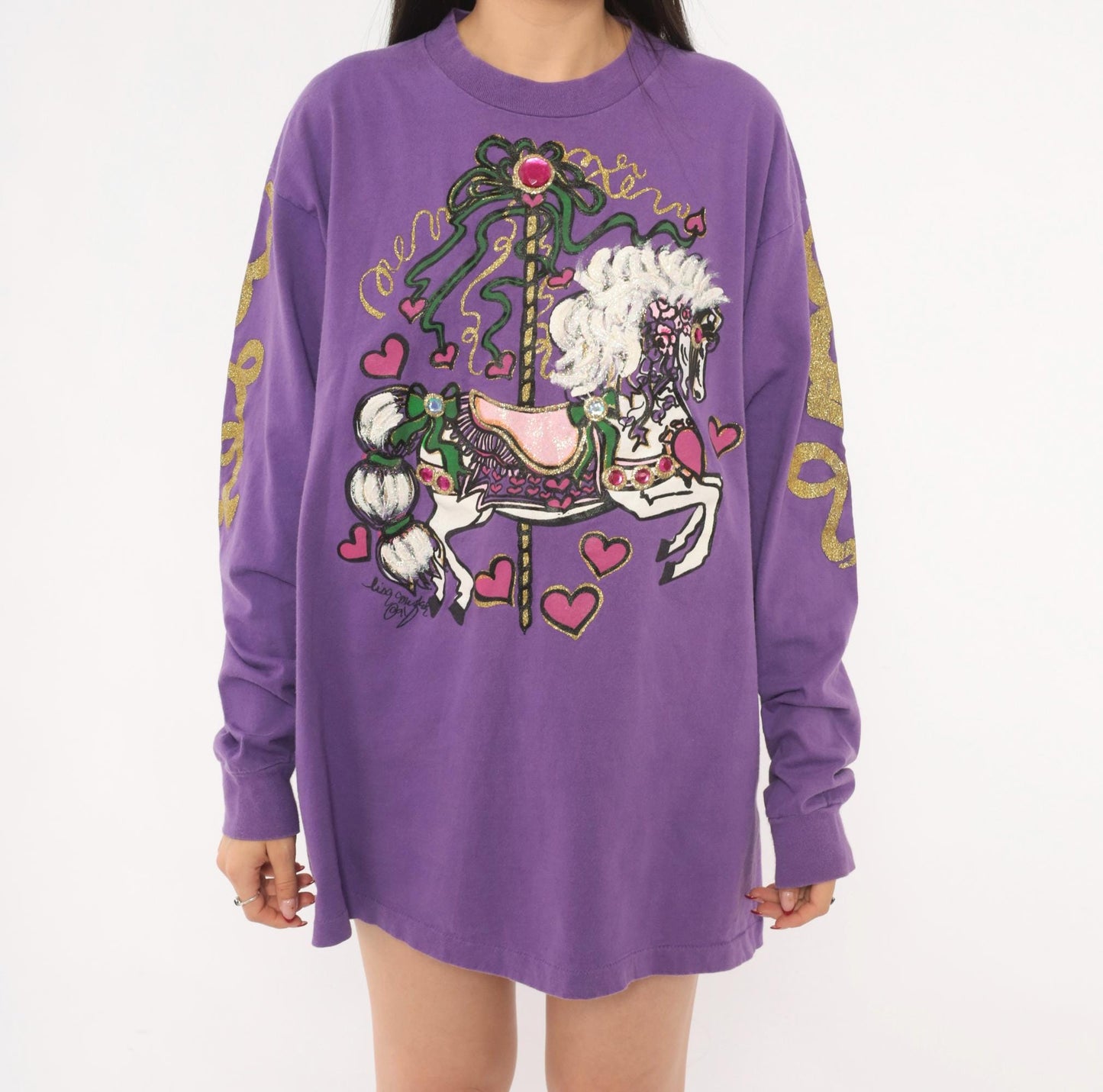 90s Anvil Carousel Horse Purple Glitter Long Sleeve Tee Extra Large