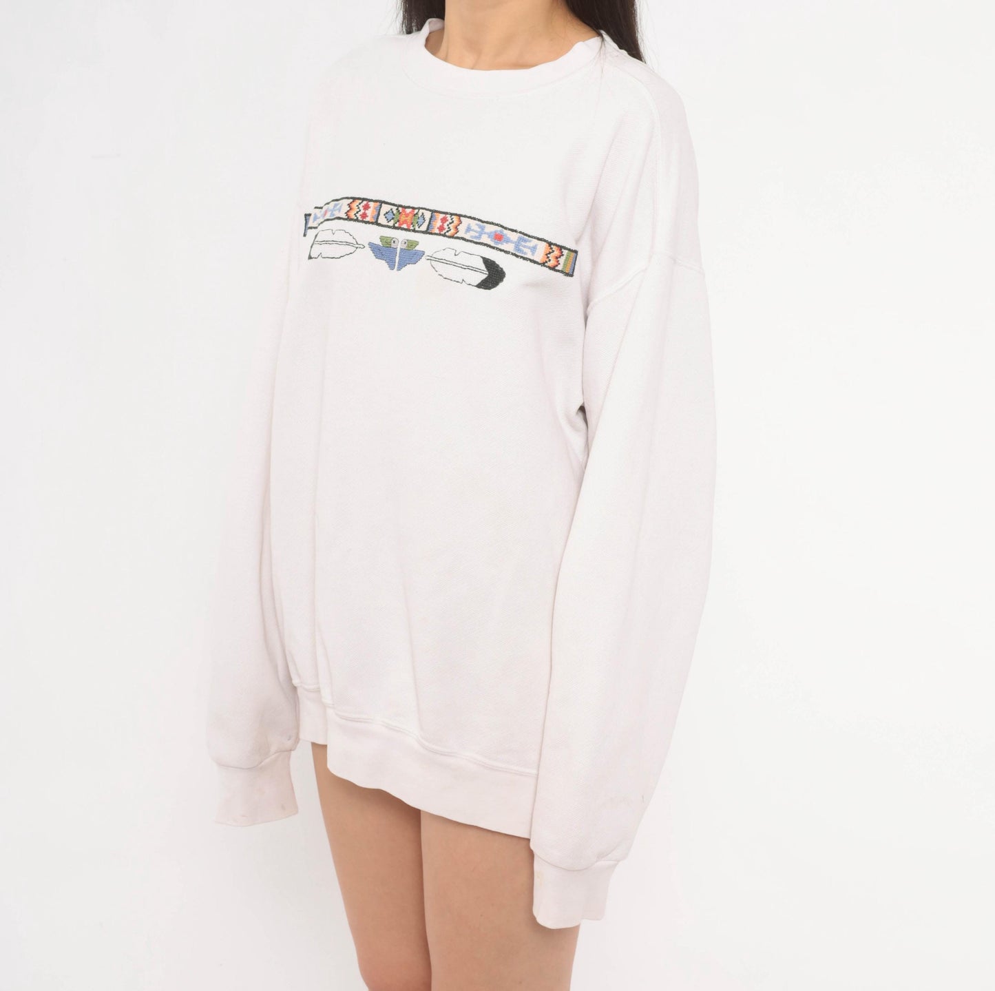 90s Sunbelt Southwestern Sweatshirt Cross Stitch Embroidered Eagle Cream Cotton Large