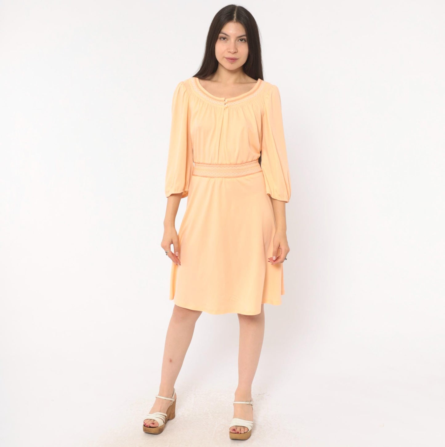 70s Peach Peasant Dress Puff Sleeve Smocked Embroidery Knee Length Large L