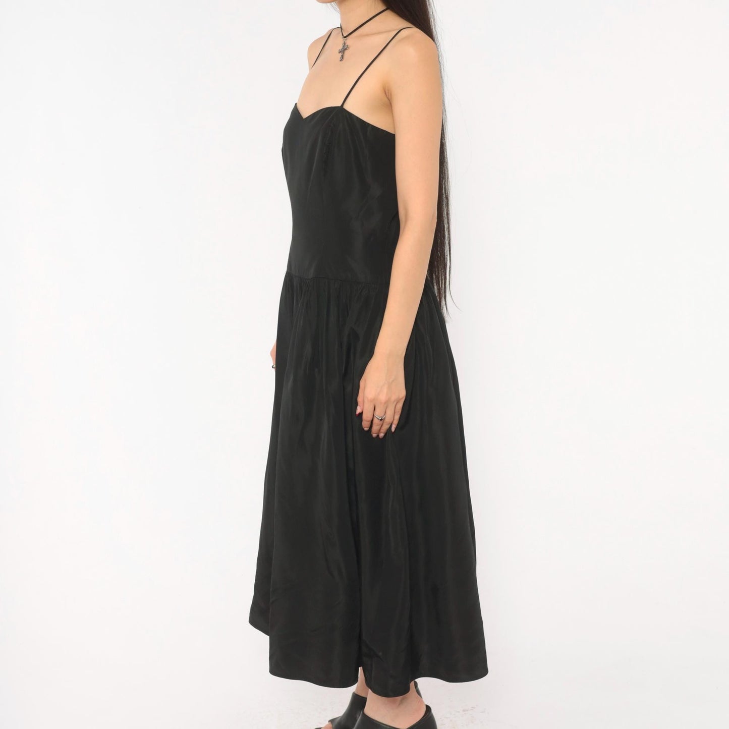 90s Black Sweetheart Midi Dress Spaghetti Strap Drop Waist Medium