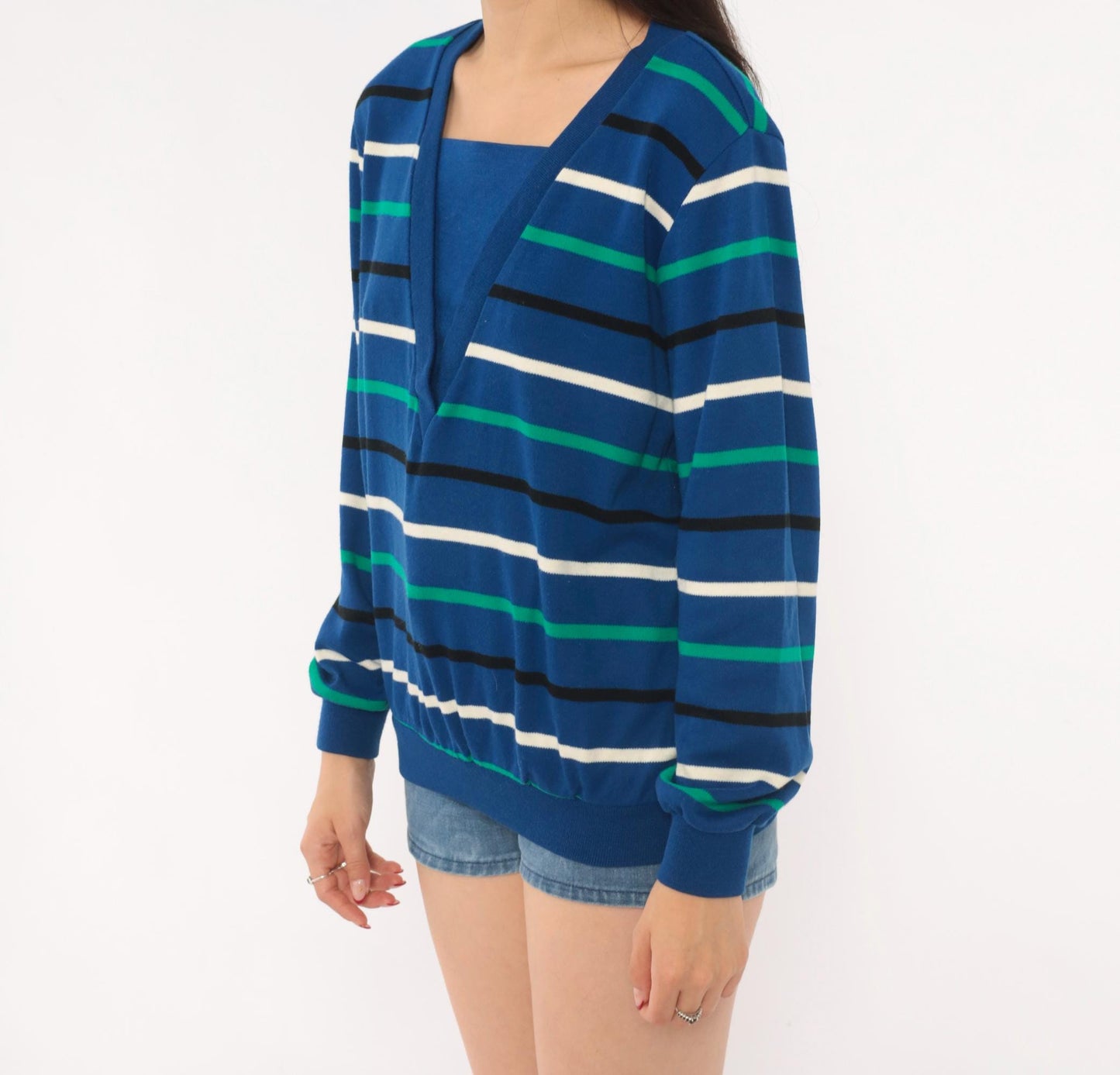 80s Alfred Dunner Striped V-Neck Sweater Cobalt Blue Cotton Knit Small