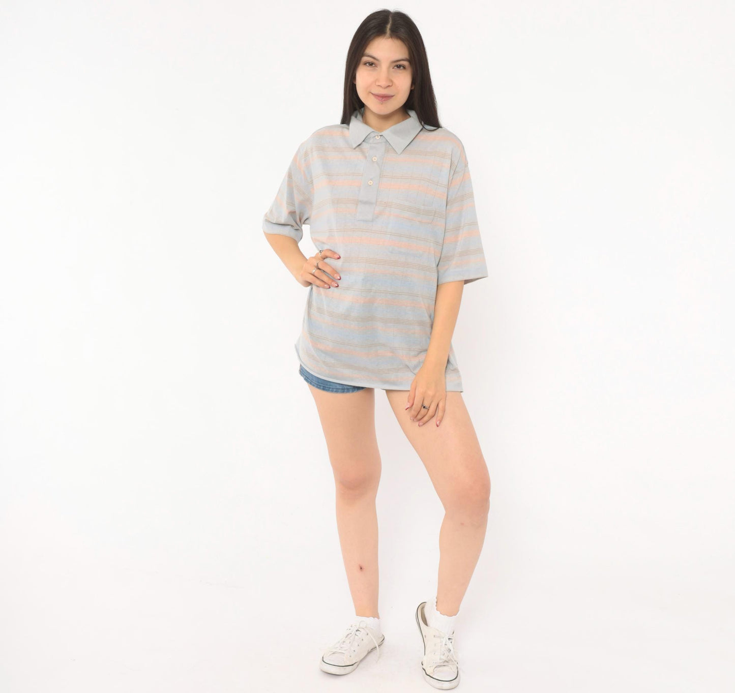 80s Knights Bridge Striped Polo Shirt Grey Peach Cotton Short Sleeve Extra Large XL