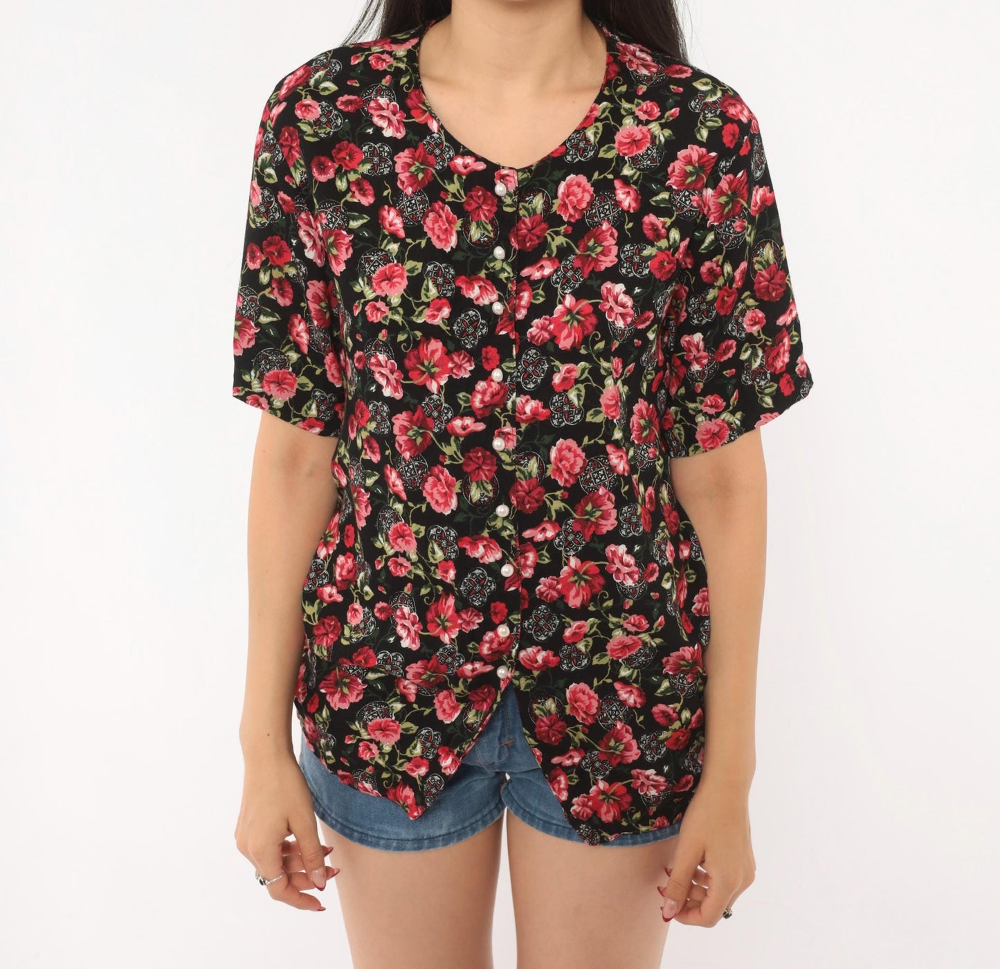 90s Katelyn Rose Black Pink Floral Button Blouse Short Sleeve Small S