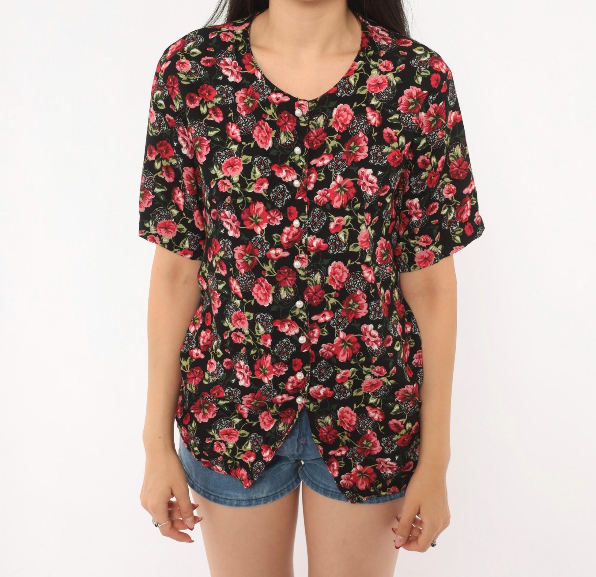 90s Katelyn Rose Black Pink Floral Button Blouse Short Sleeve Small S