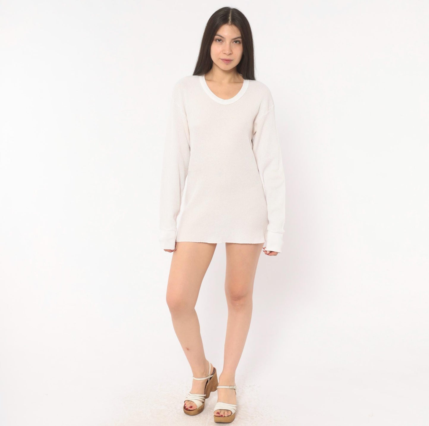 90s Waffle Knit Thermal Ivory Scoop Neck Long Sleeve Cotton Tee Large