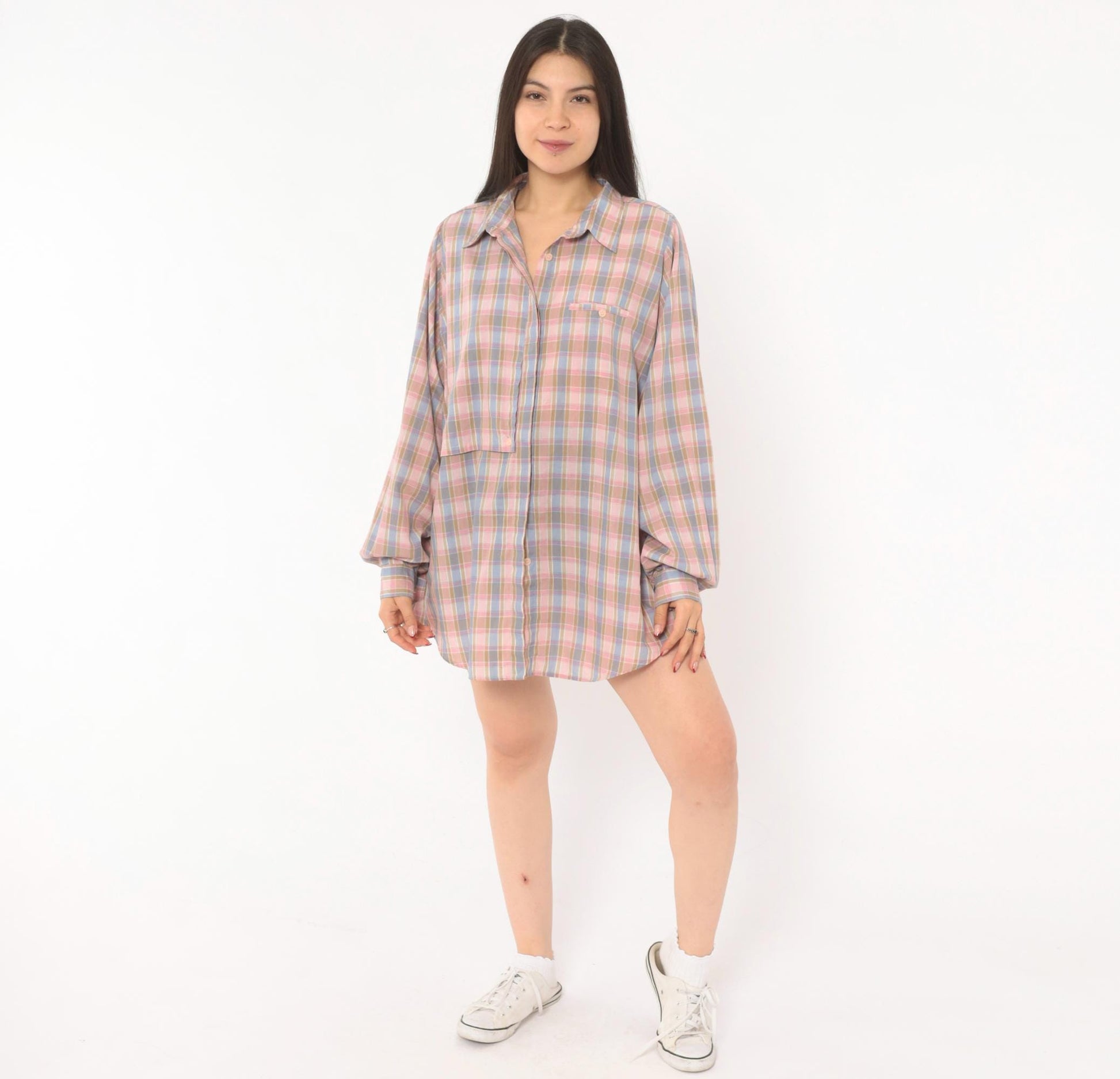 90s Cali Plaid Button Front Shirt Pink Periwinkle Cotton Plus Size 1X