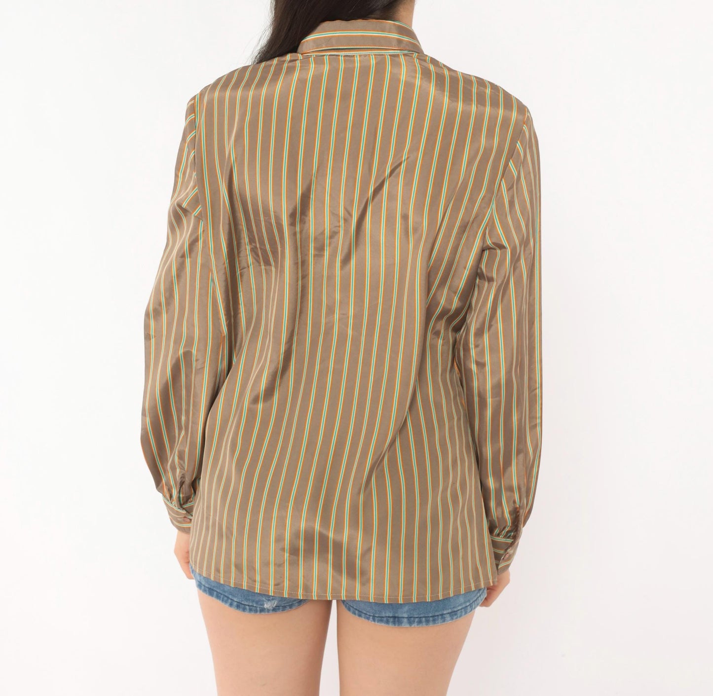 80s Jebb Levy Striped Button-Up Shirt Tan Teal Yellow Pinstripe Medium