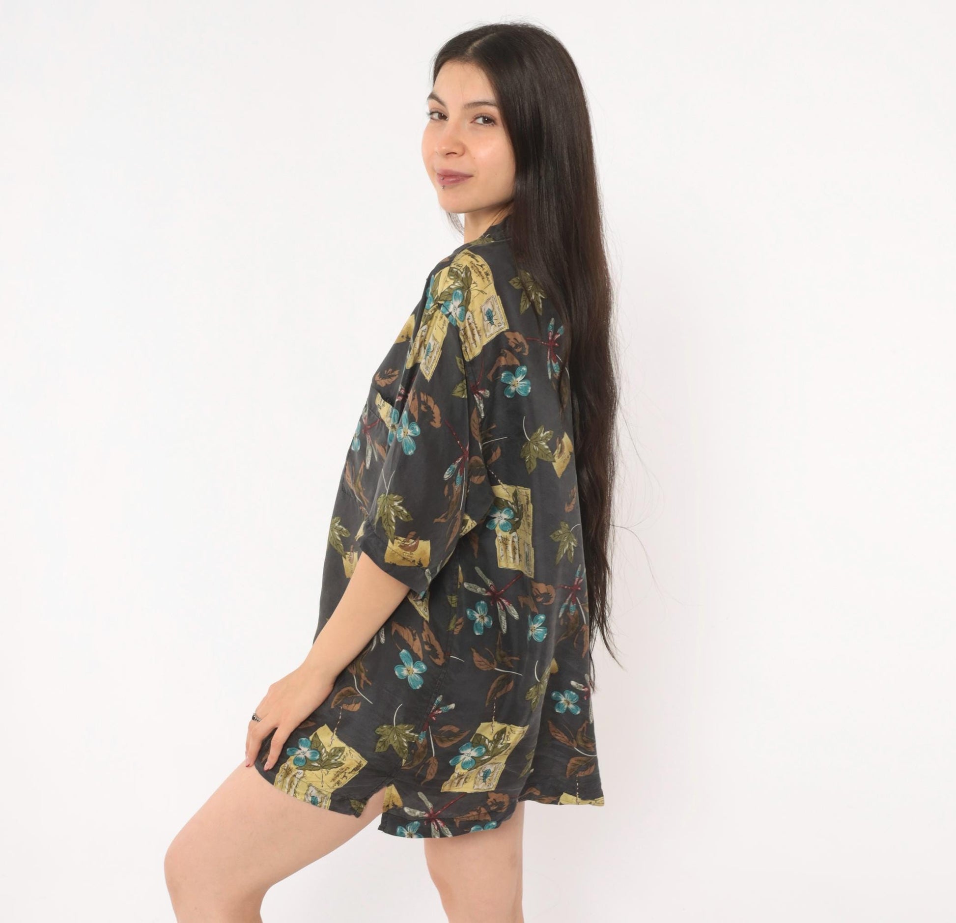 Y2K Firethorn Silk Camp Collar Shirt Dragonfly Botanical Print Teal Medium M