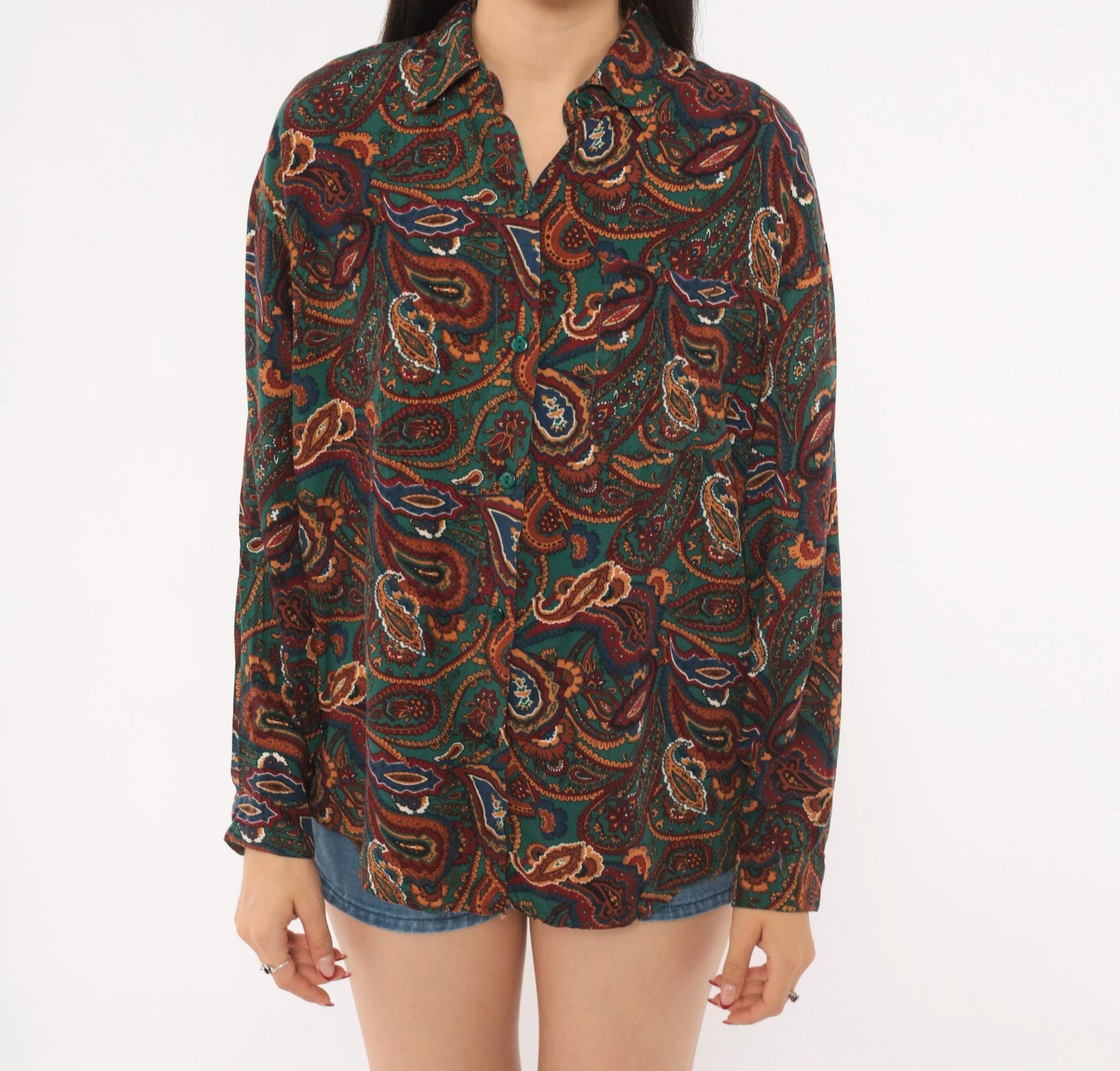90s Basic Editions Paisley Button Up Shirt Teal Burgundy Small S