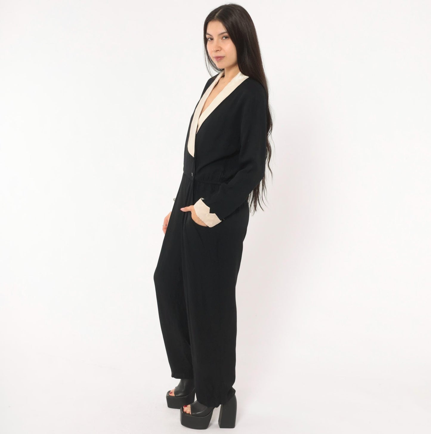 90s RJ & Co Black Jumpsuit Cream Satin Shawl Collar Wrap Front Medium M