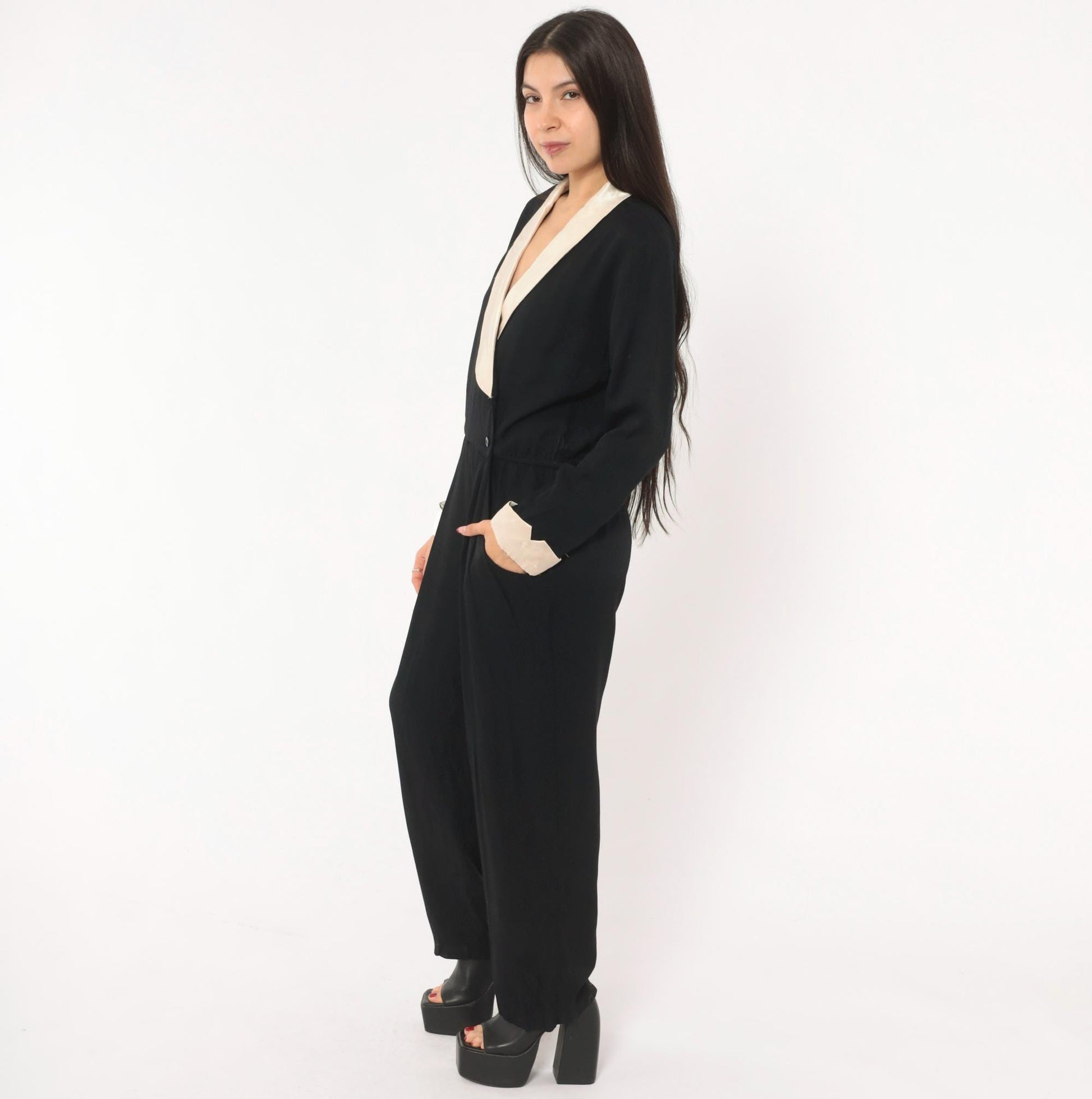 90s RJ & Co Black Jumpsuit Cream Satin Shawl Collar Wrap Front Medium M