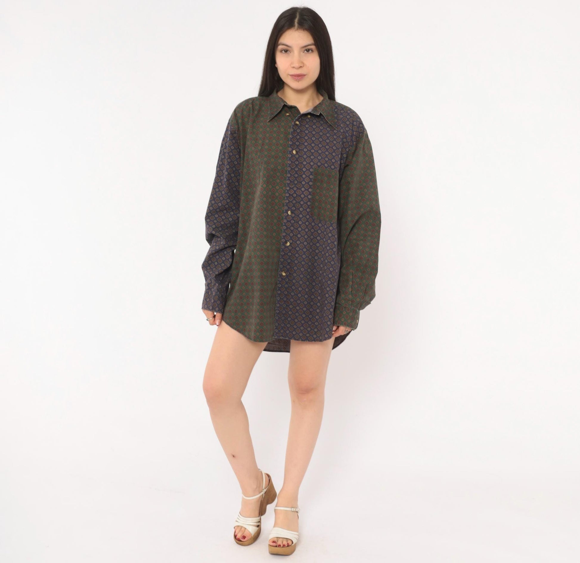 90s Nautica Patchwork Button Shirt Medallion Print Olive Navy Large L