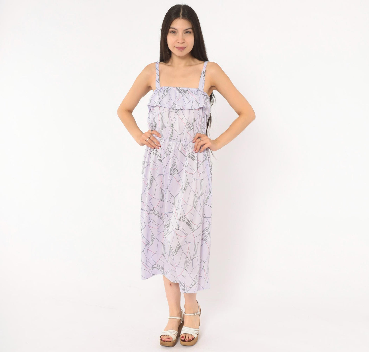 80s Lilac Abstract Geometric Midi Sundress Ruffle Bodice Strappy Small
