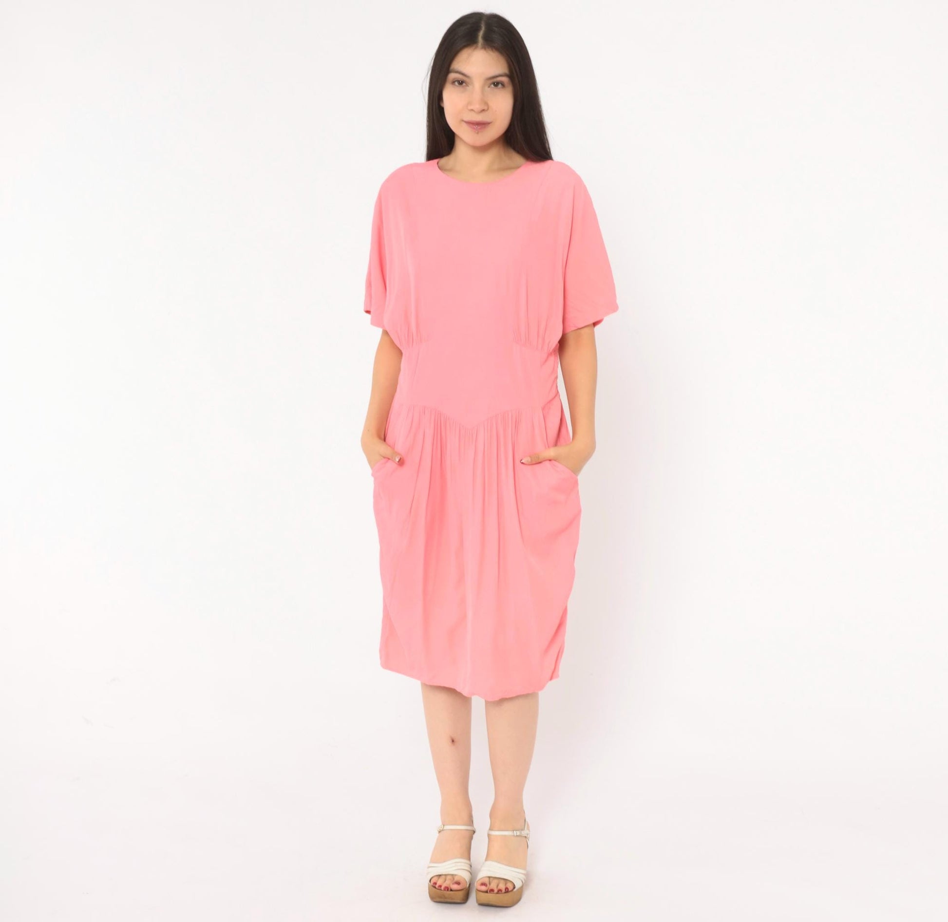 90s Carol Anderson Coral Pink Blouson Dress Smocked Waist Knee Length Large L