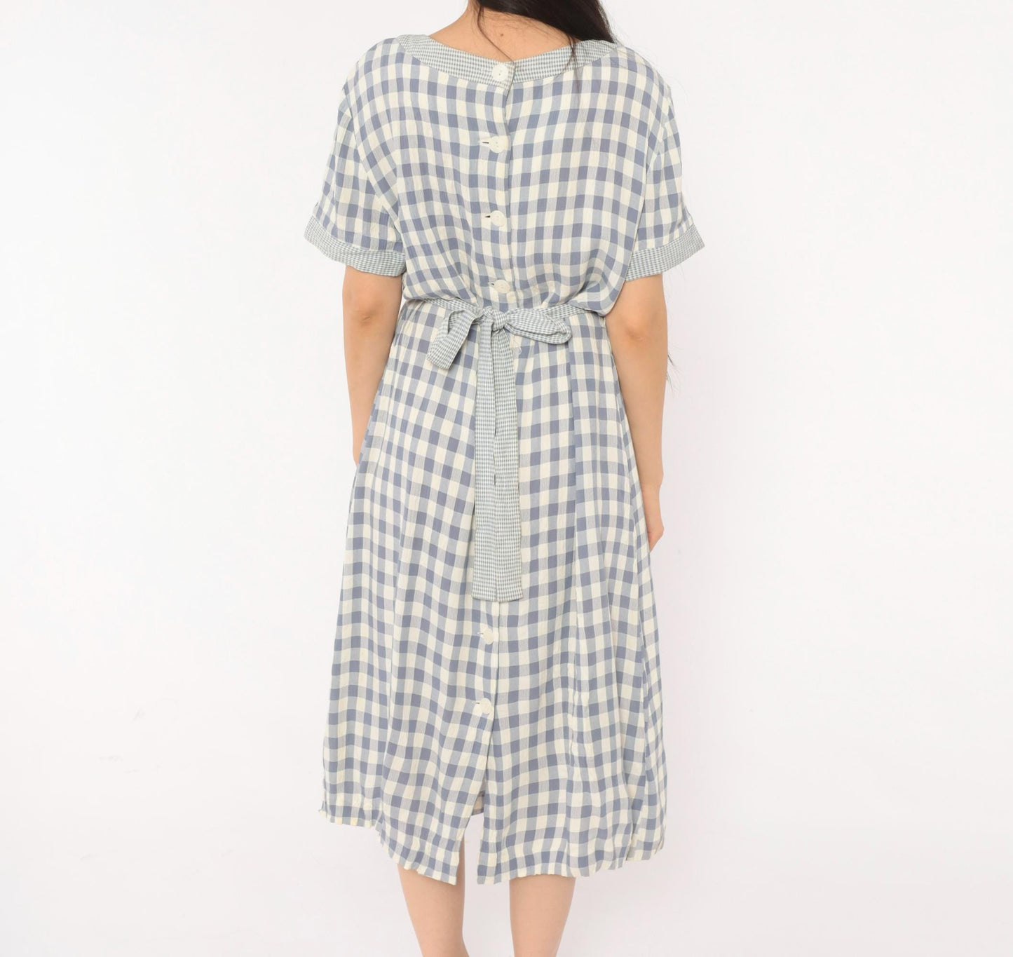 90s SL Fashions Gingham Midi Dress Blue White Check Button Back Medium