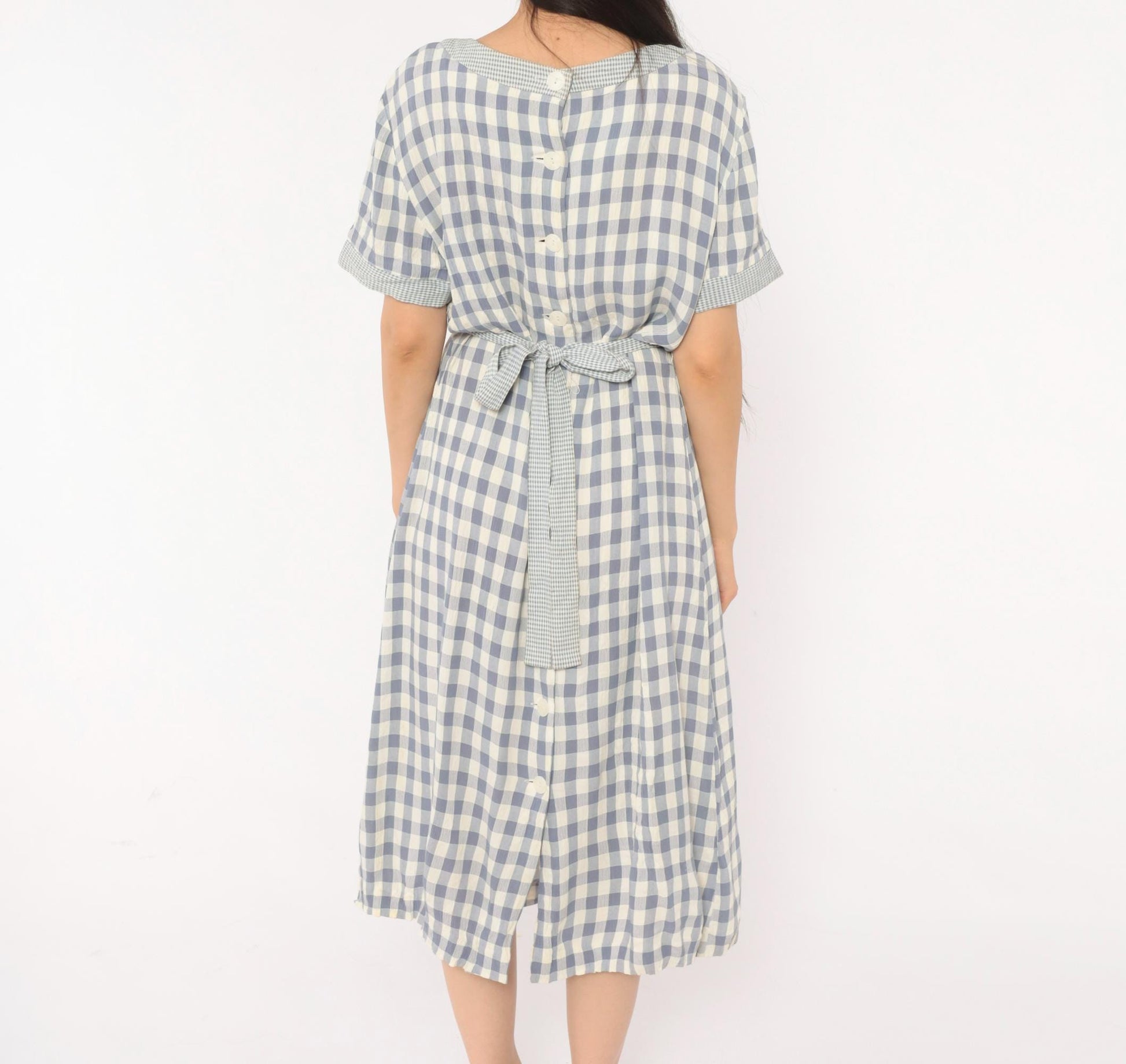 90s SL Fashions Gingham Midi Dress Blue White Check Button Back Medium