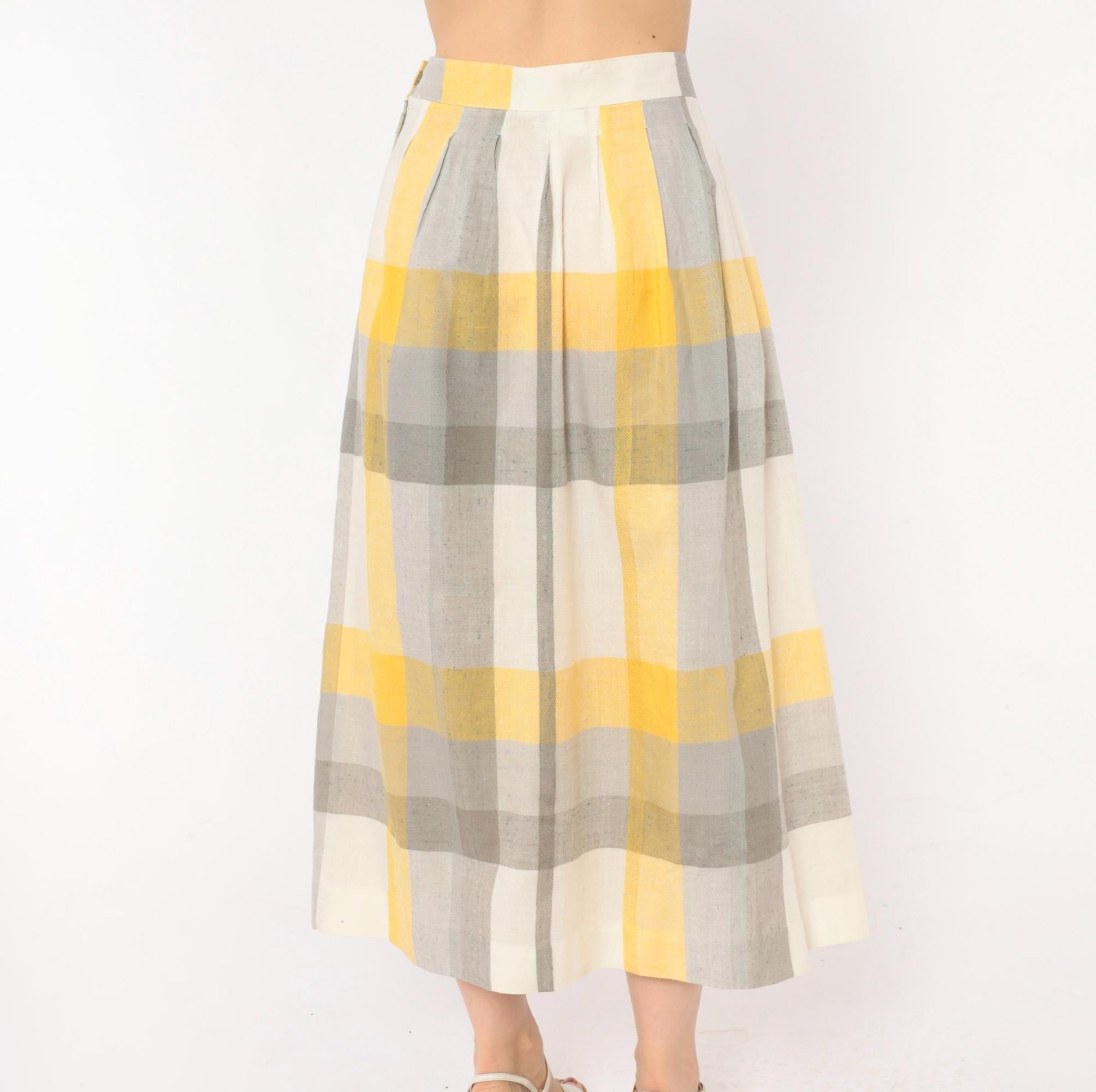 80s Stag & Co Plaid Midi Skirt Yellow Grey Ivory High Waist Pleated Medium