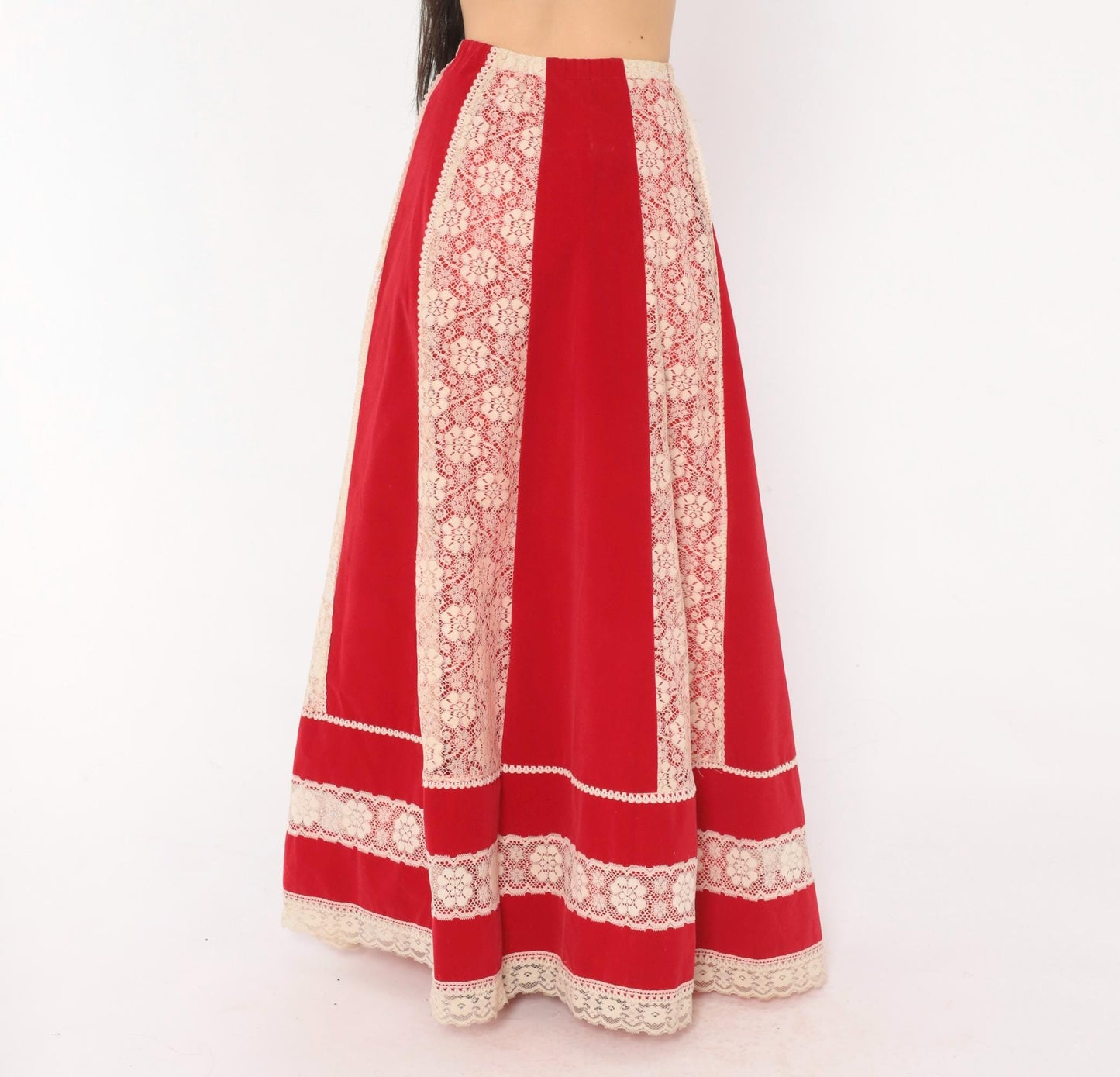 70s Red Velvet Maxi Skirt Cream Lace Panel A-Line Large L