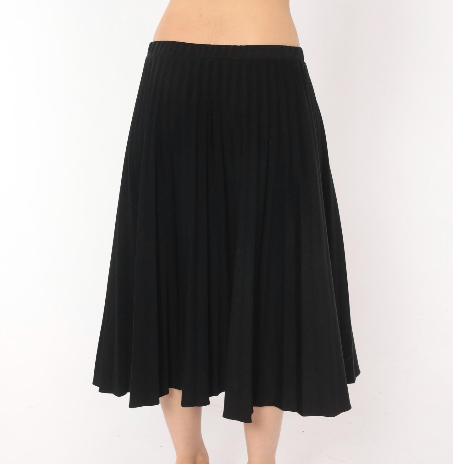 70s Sarah K Black Pleated Midi Skirt Accordion Knife Pleat Elastic Waist Medium Large