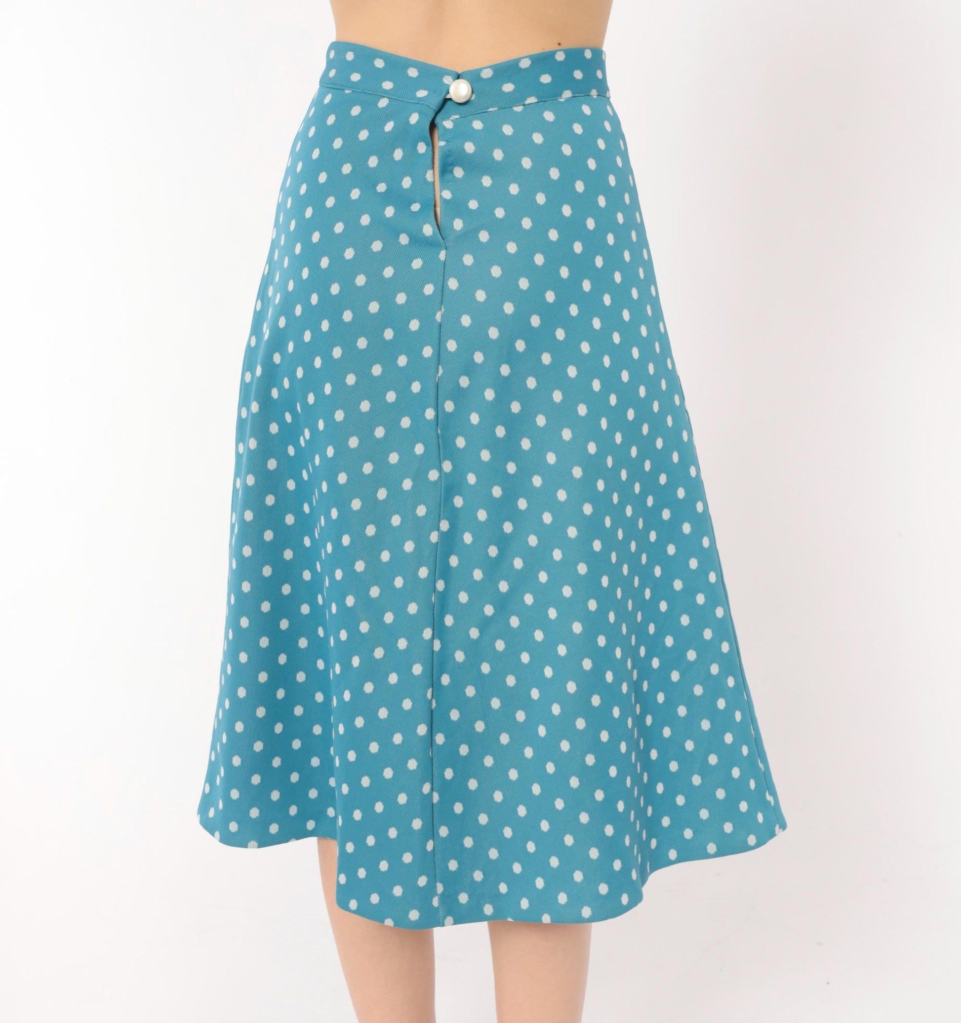 70s Teal Polka Dot A-Line Skirt White Spots Button Back Knee-Length Extra Small
