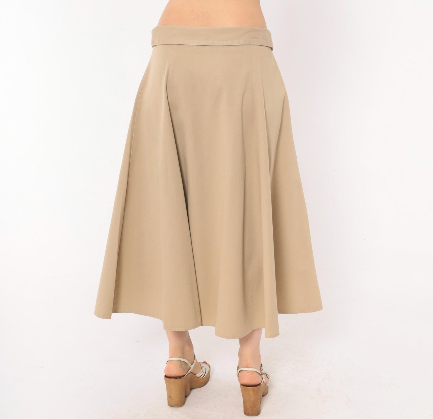 90s Tan A-Line Midi Skirt Fold-Over Waistband Button Front Medium