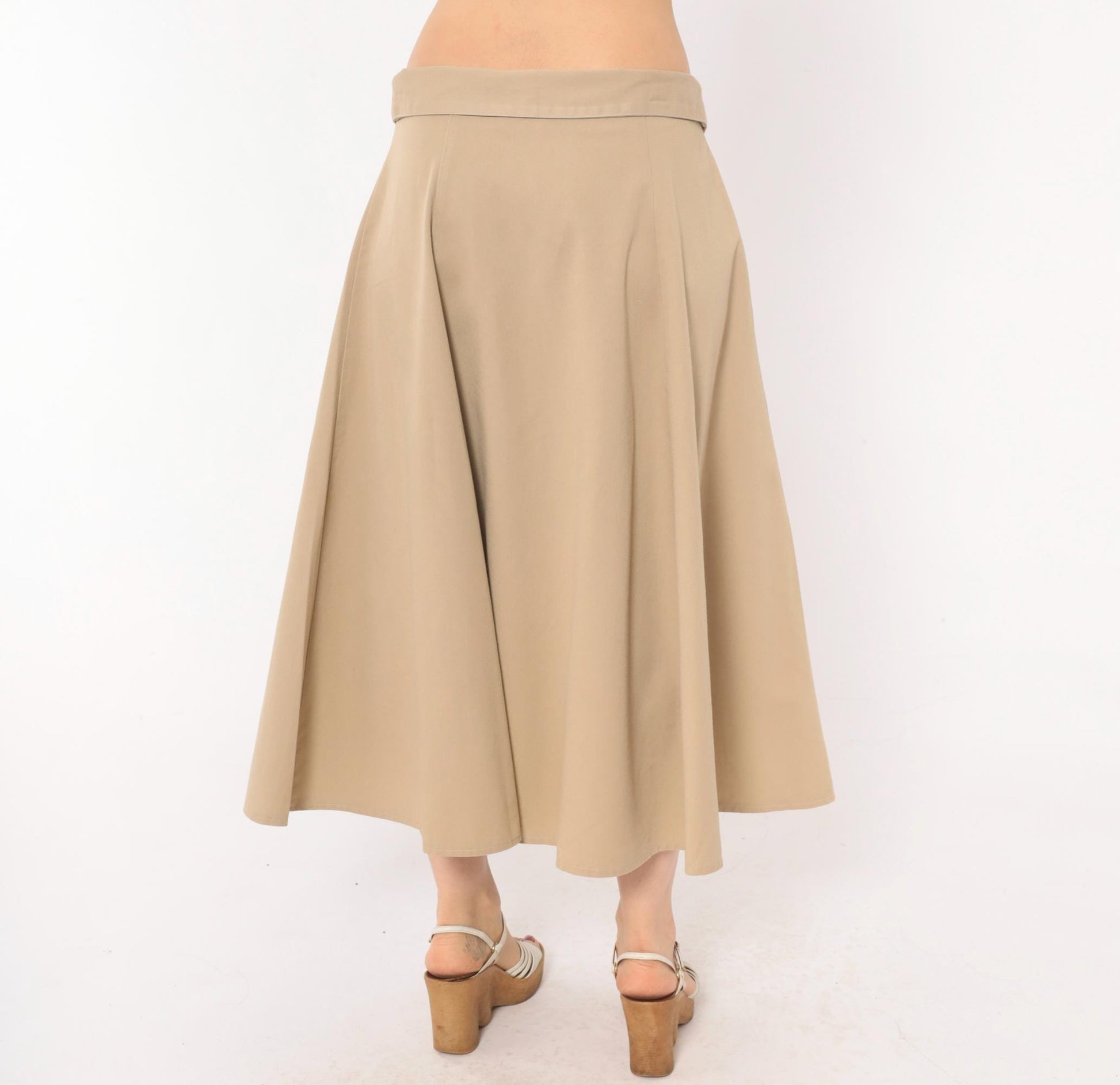 90s Tan A-Line Midi Skirt Fold-Over Waistband Button Front Medium