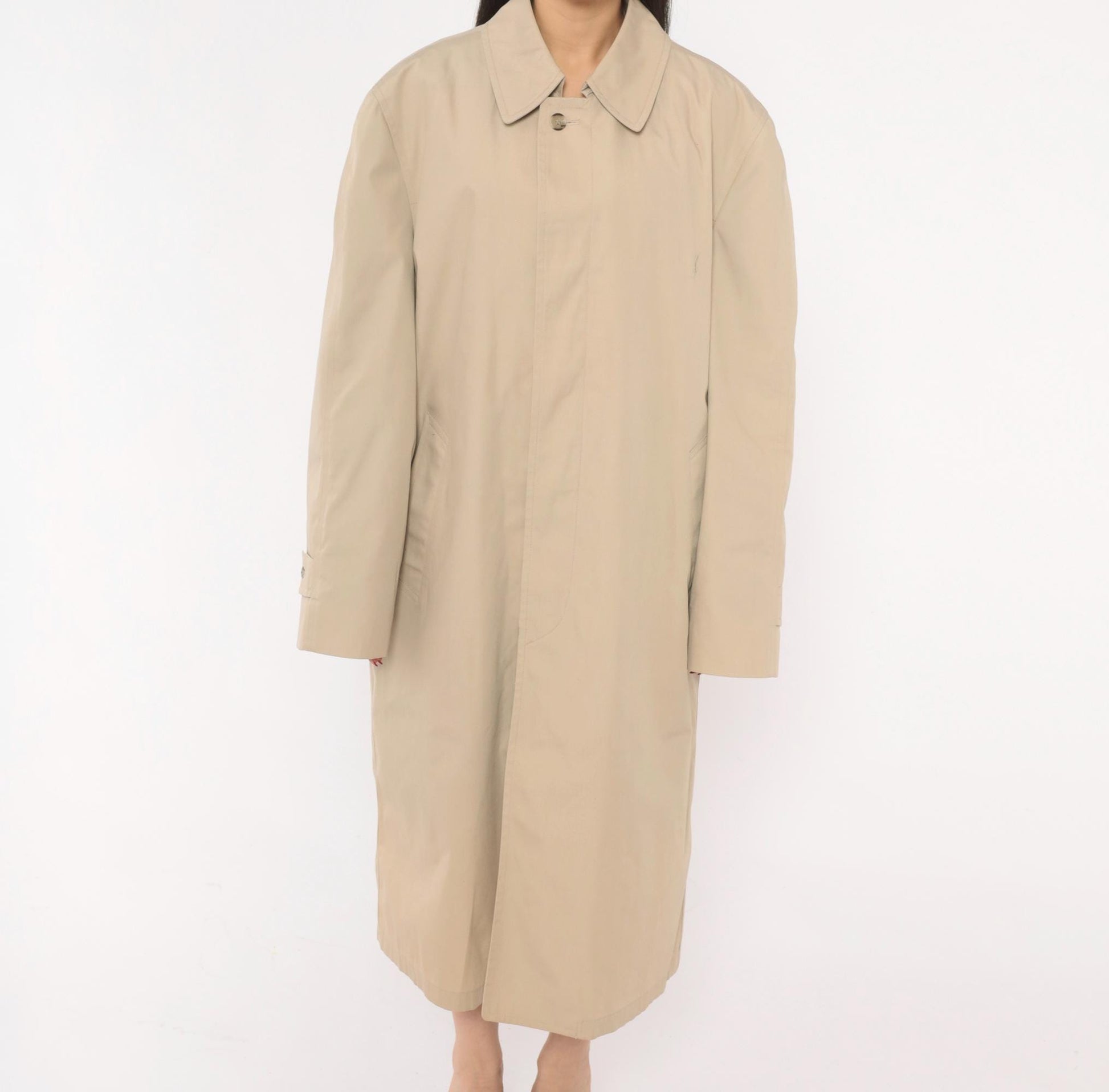 80s London Fog Trench Coat Beige Long Spread Collar Single Button Large