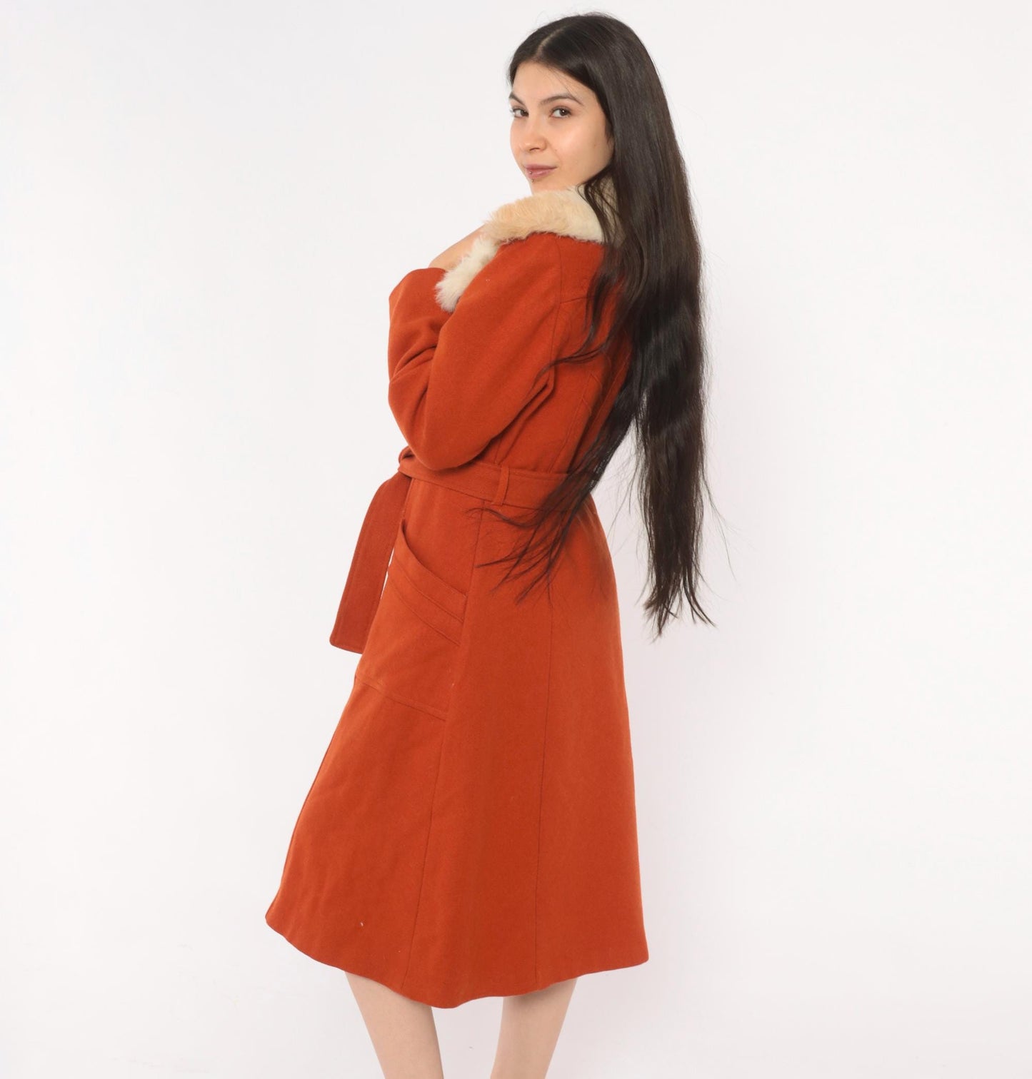 70s Burnt Orange Wool Coat Faux Fur Collar Belted Knee-Length Small