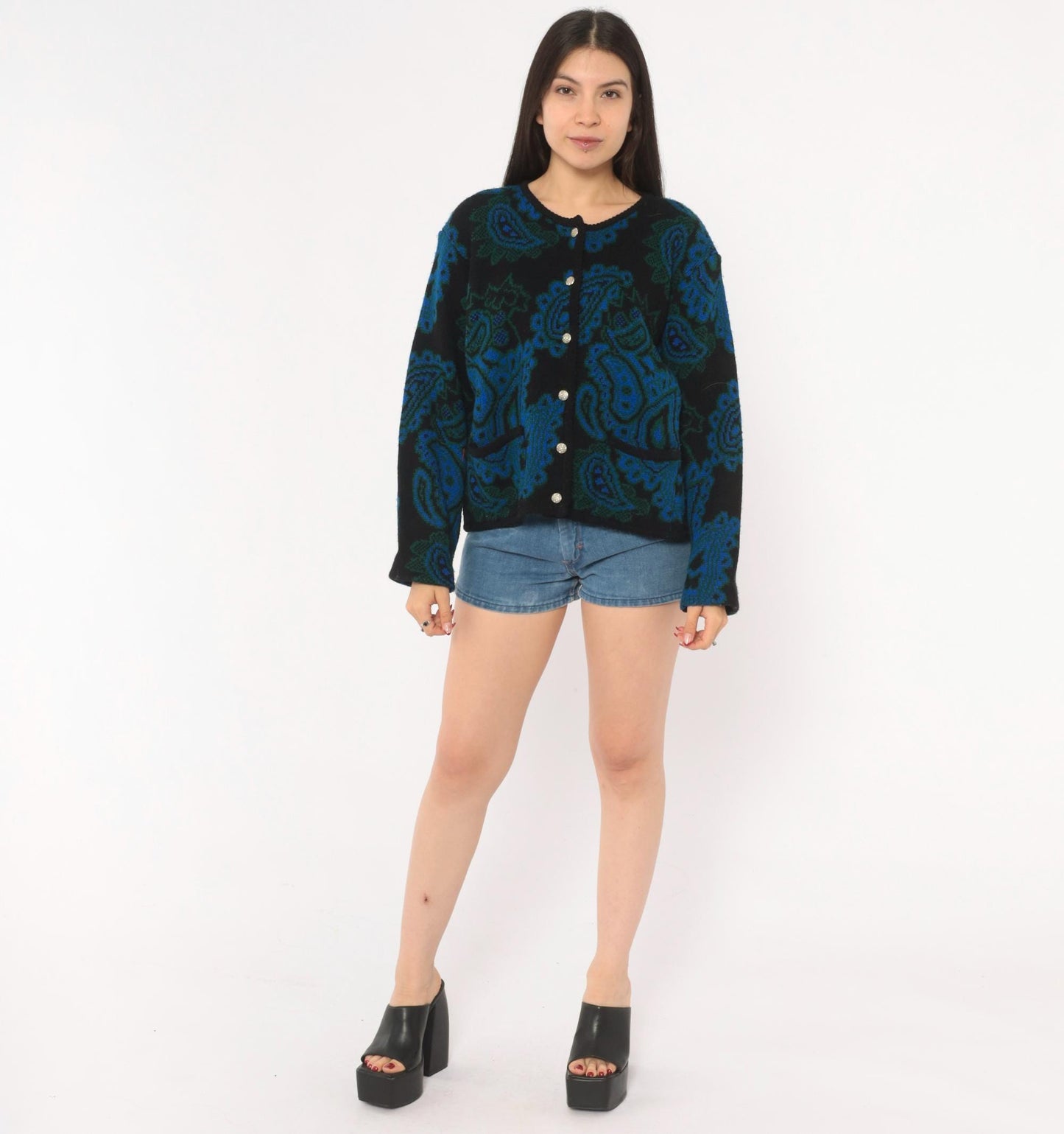70s Tally-Ho Paisley Jacquard Cardigan Blue Green Black Button Front Large