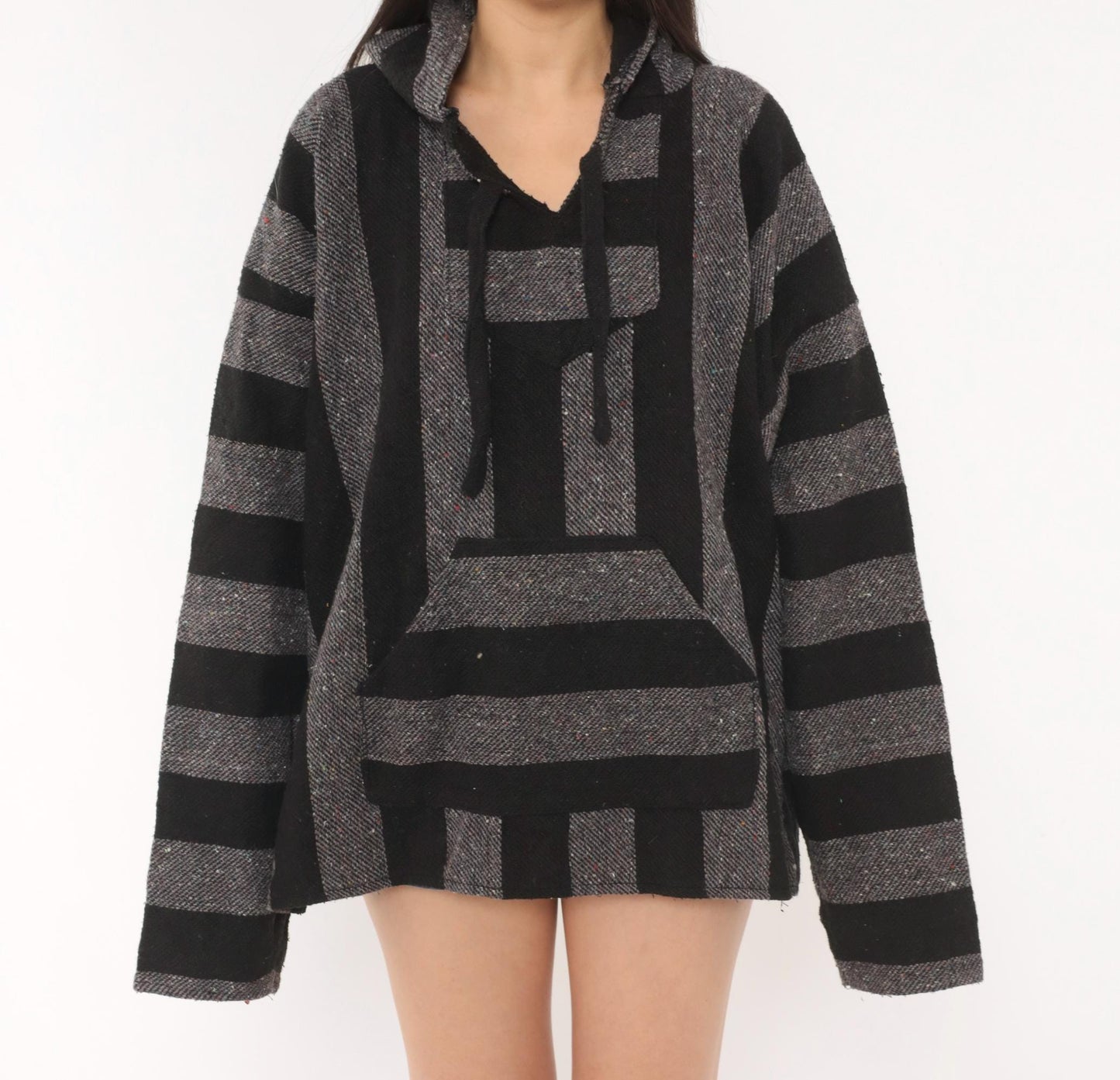 90s Baja Hoodie Black Grey Striped Woven Blanket Pullover Unisex Extra Large