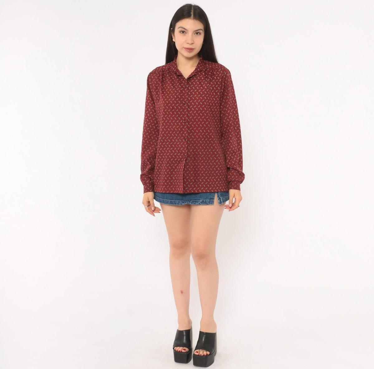 80s Koret Burgundy Chain Link Print Button Blouse Long Sleeve Medium M