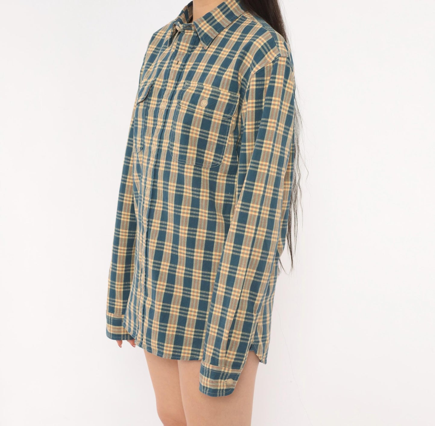 90s Ralph Lauren Plaid Flannel Shirt Teal Cream Cotton Small S