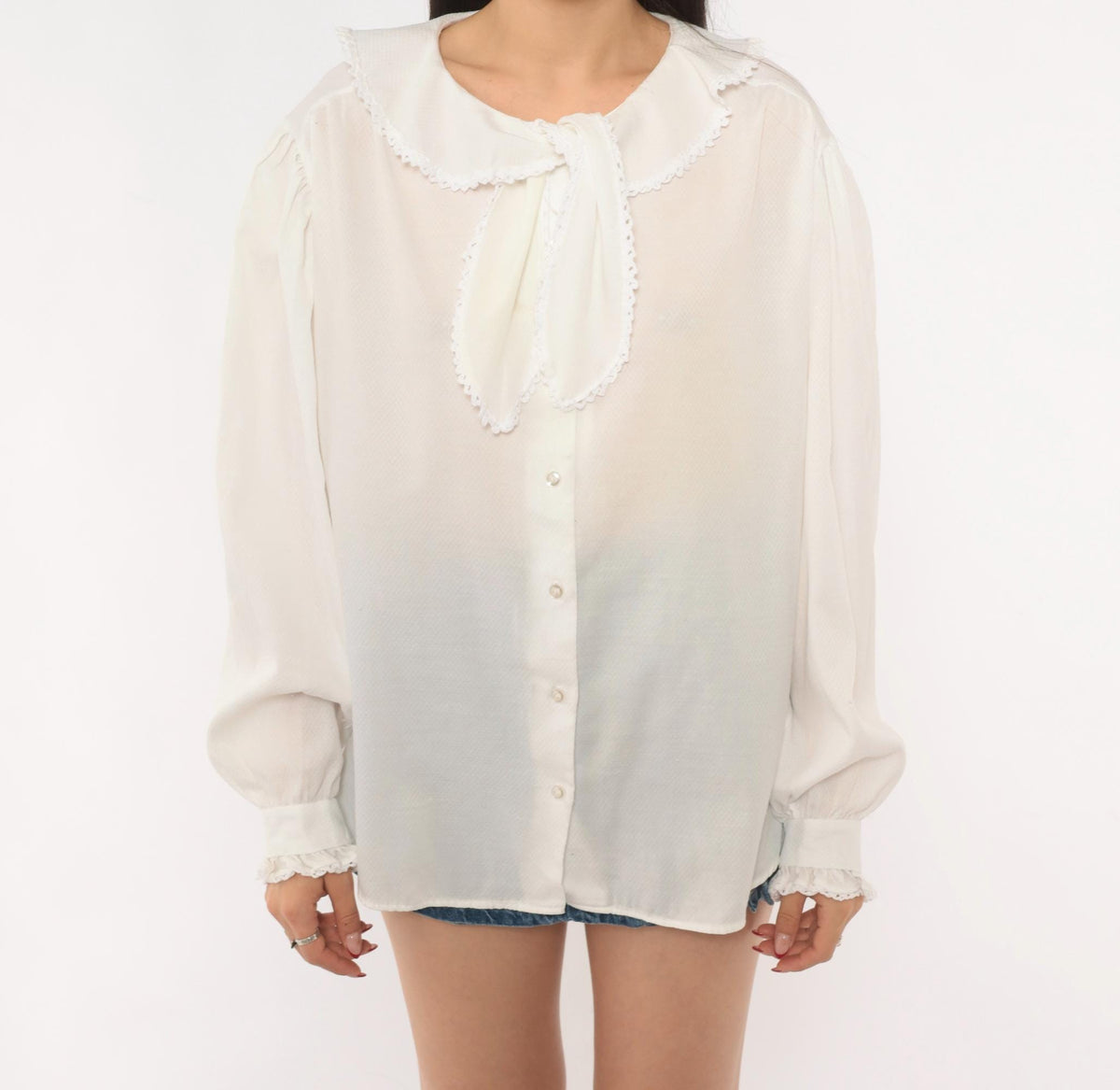 70s Lady Oak Hill White Bow Collar Blouse Puff Sleeve Lace Trim Extra Large XL