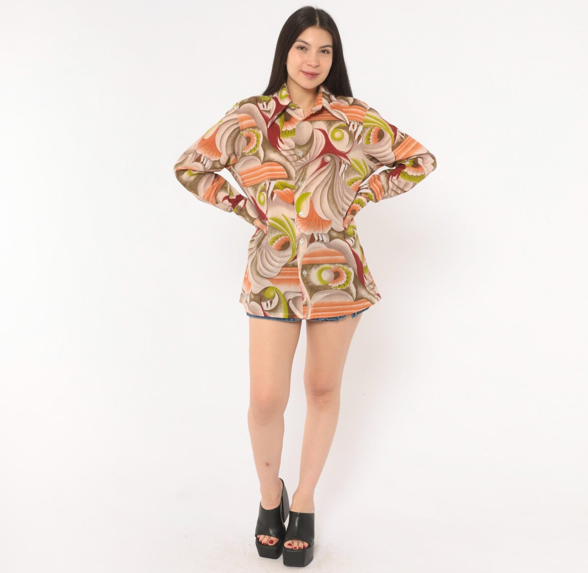 70s Landmark Button Front Shirt Psychedelic Swirl Print Olive Burgundy Medium