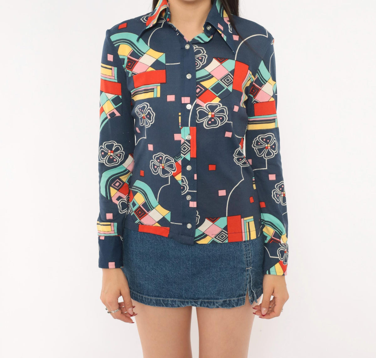 70s Panther Navy Geometric Floral Button Front Blouse Long Sleeve Small